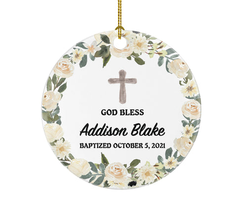 Baptism Ornament God Bless Baby Personalized Gift for Baptize Rustic Baptism Custom Christmas - White Flowers Greenery