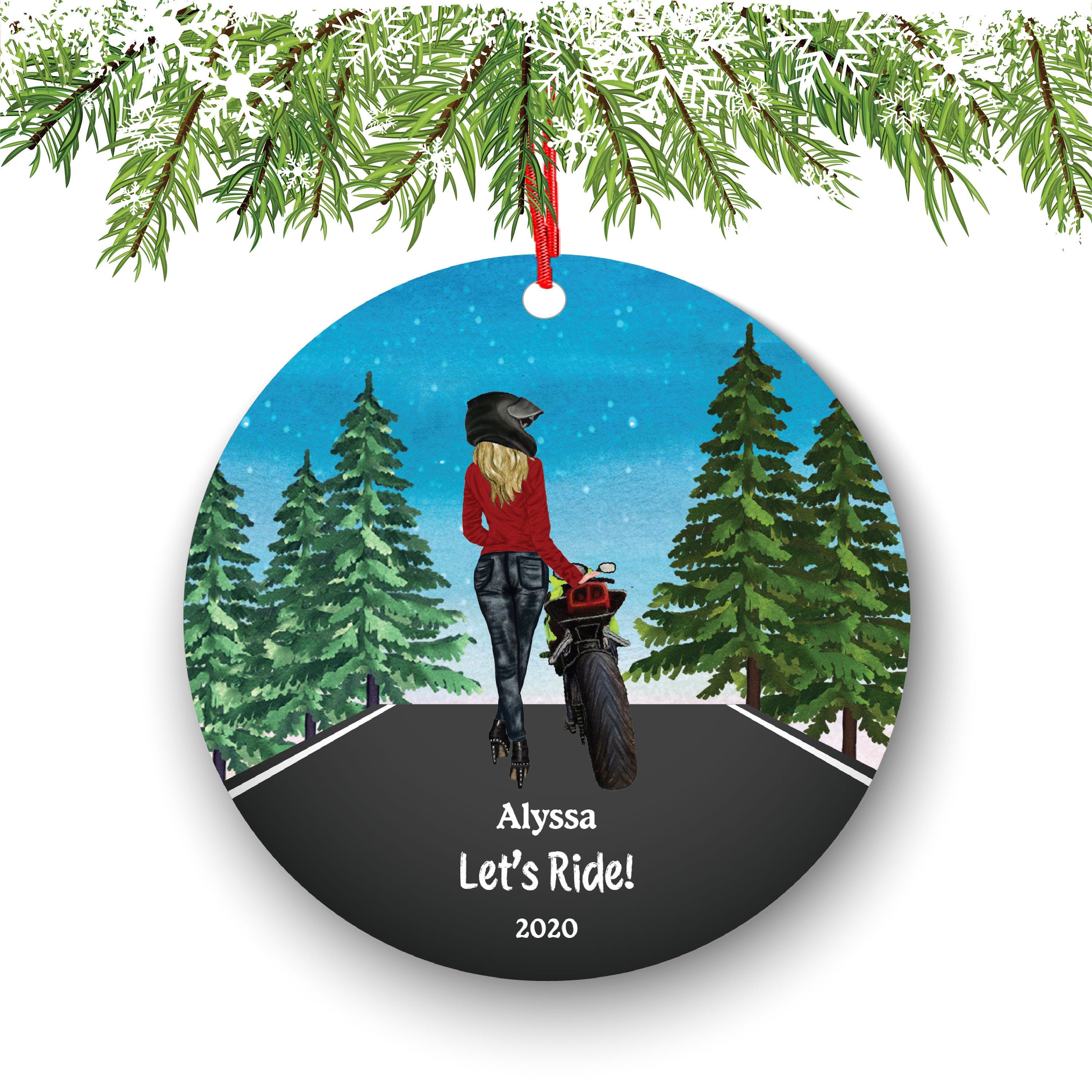 Biker Motorcyclist Personalized Christmas Ornament Motorcycle Rider Female Girl Ride Watercolor Dirt bike Motocross Cyclist Cycling Custom