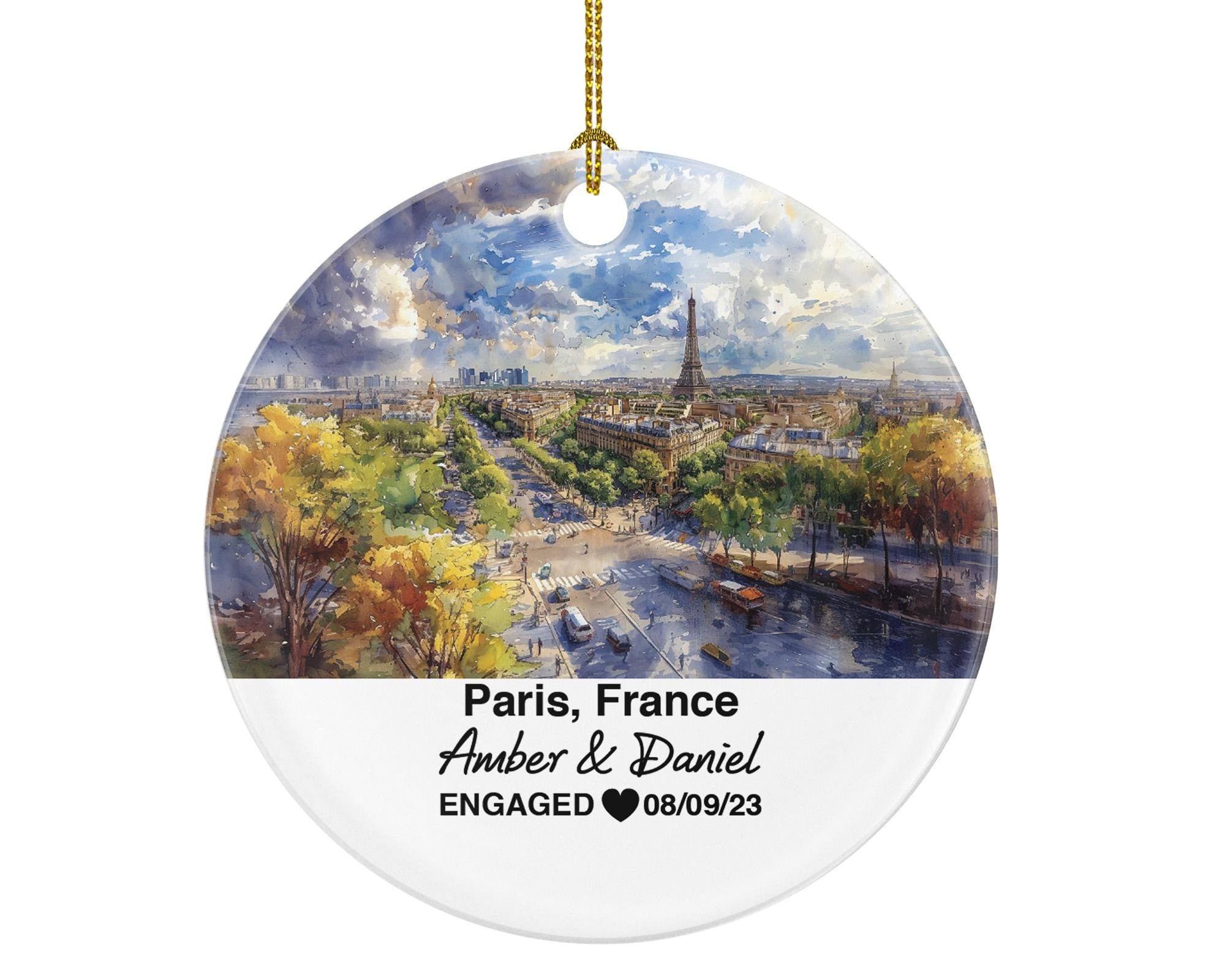 Personalized Paris France Round Ceramic Christmas Ornament – Personalized Holiday Keepsake, Custom Couple Gift for Wedding or Honeymoon