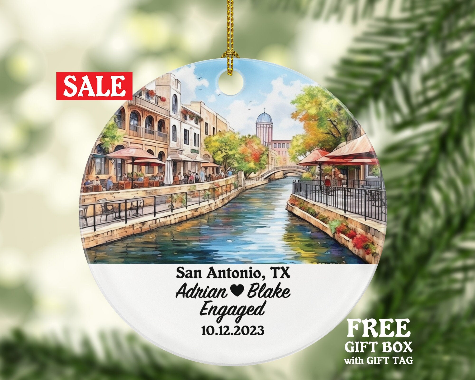 San Antonio Texas Christmas Ornament Personalized - TX Engaged Married Family Together Couple Travel Honeymoon Wedding Engagement Marriage