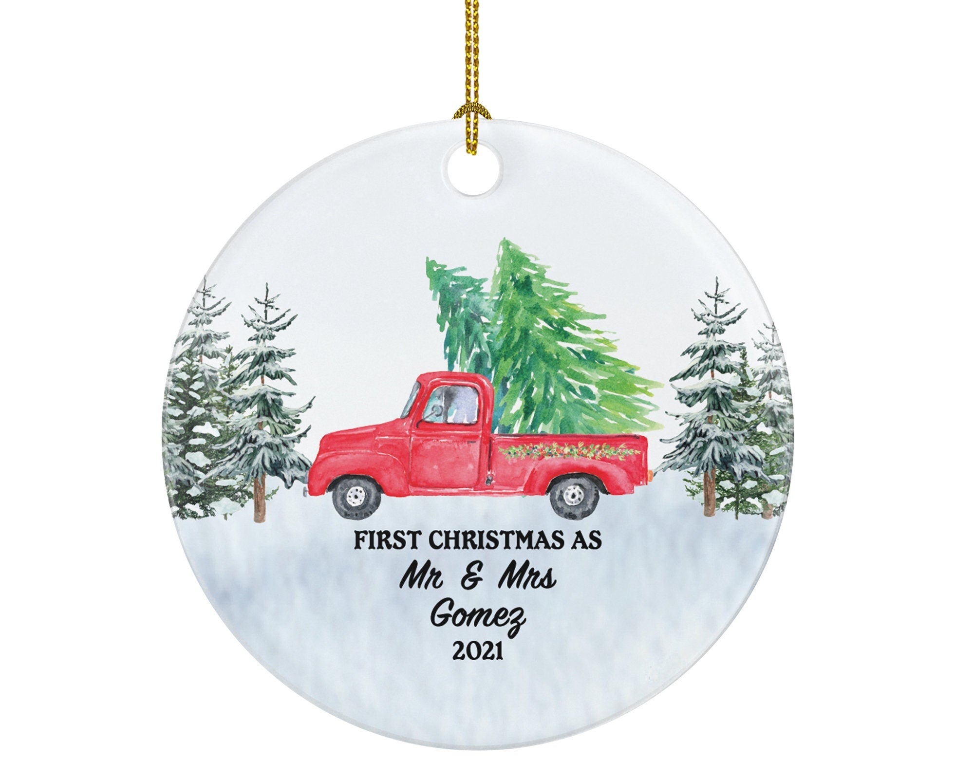 First Christmas Married with Red Truck Christmas Personalized Ornament - Just Married Custom Gift
