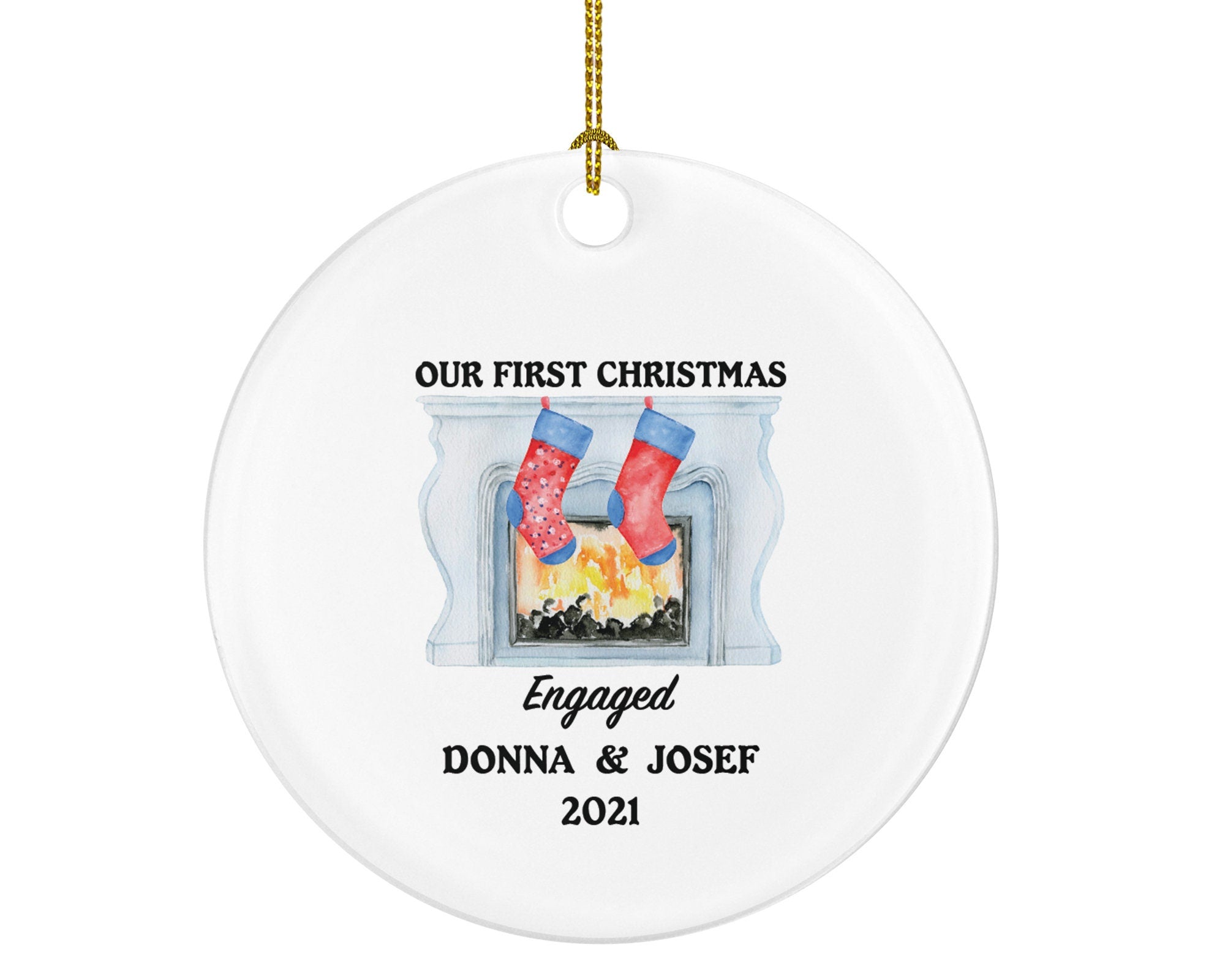 Engaged Couple Fireplace Christmas Ornament - Engagement Personalized Gift Rustic Farmhouse Decor Newly Just Engaged Custom