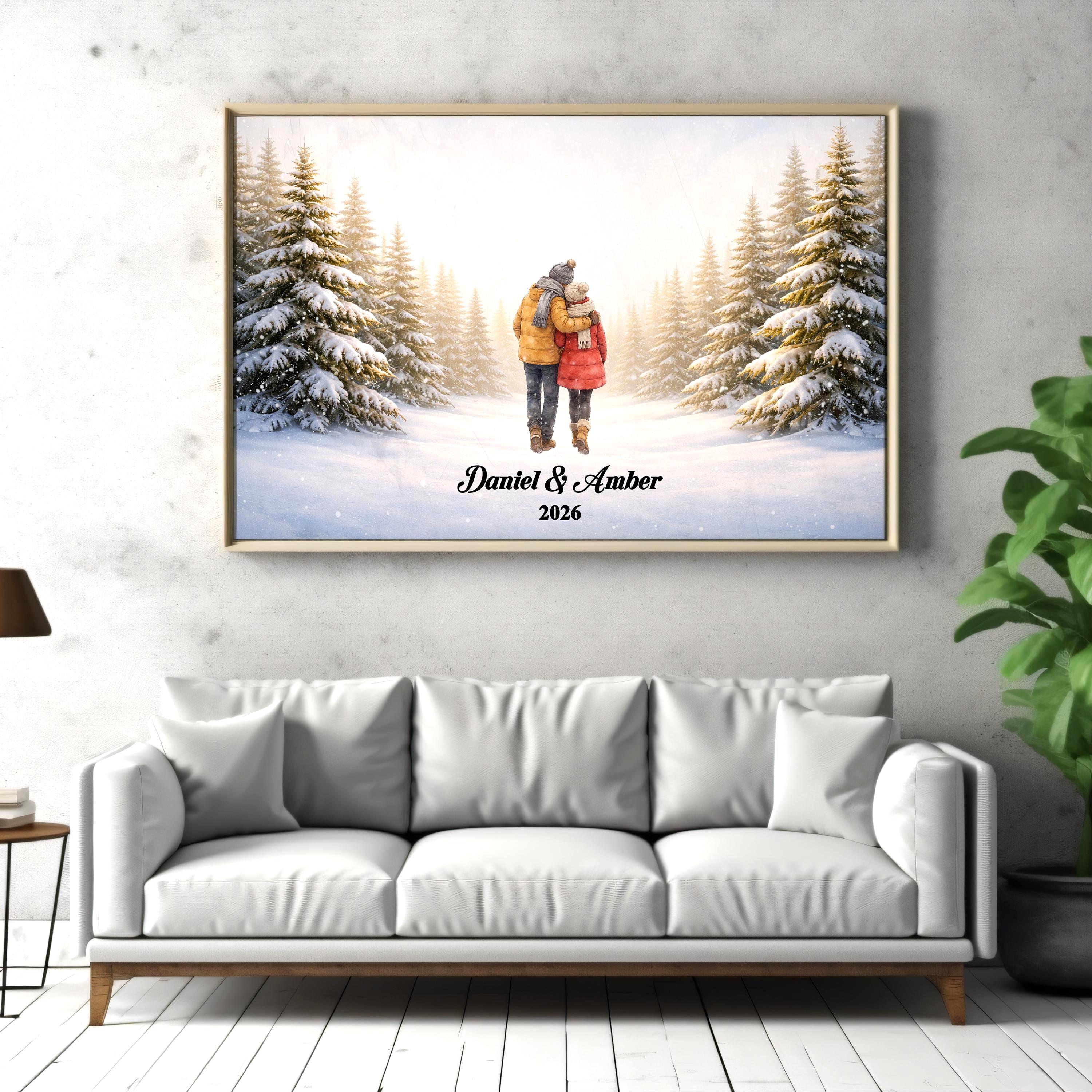 Custom Couple in Snow Wall Art | Winter Scene Print for Engaged, Married, Mr & Mrs, Anniversary | Aluminum Metal Print