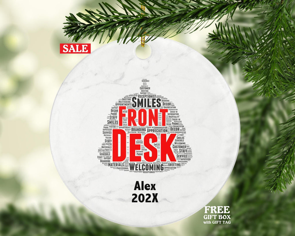 Front Desk Ornament, Receptionist Gift, Office Staff Appreciation, Custom Word Art Holiday Decoration, Ceramic Keepsake