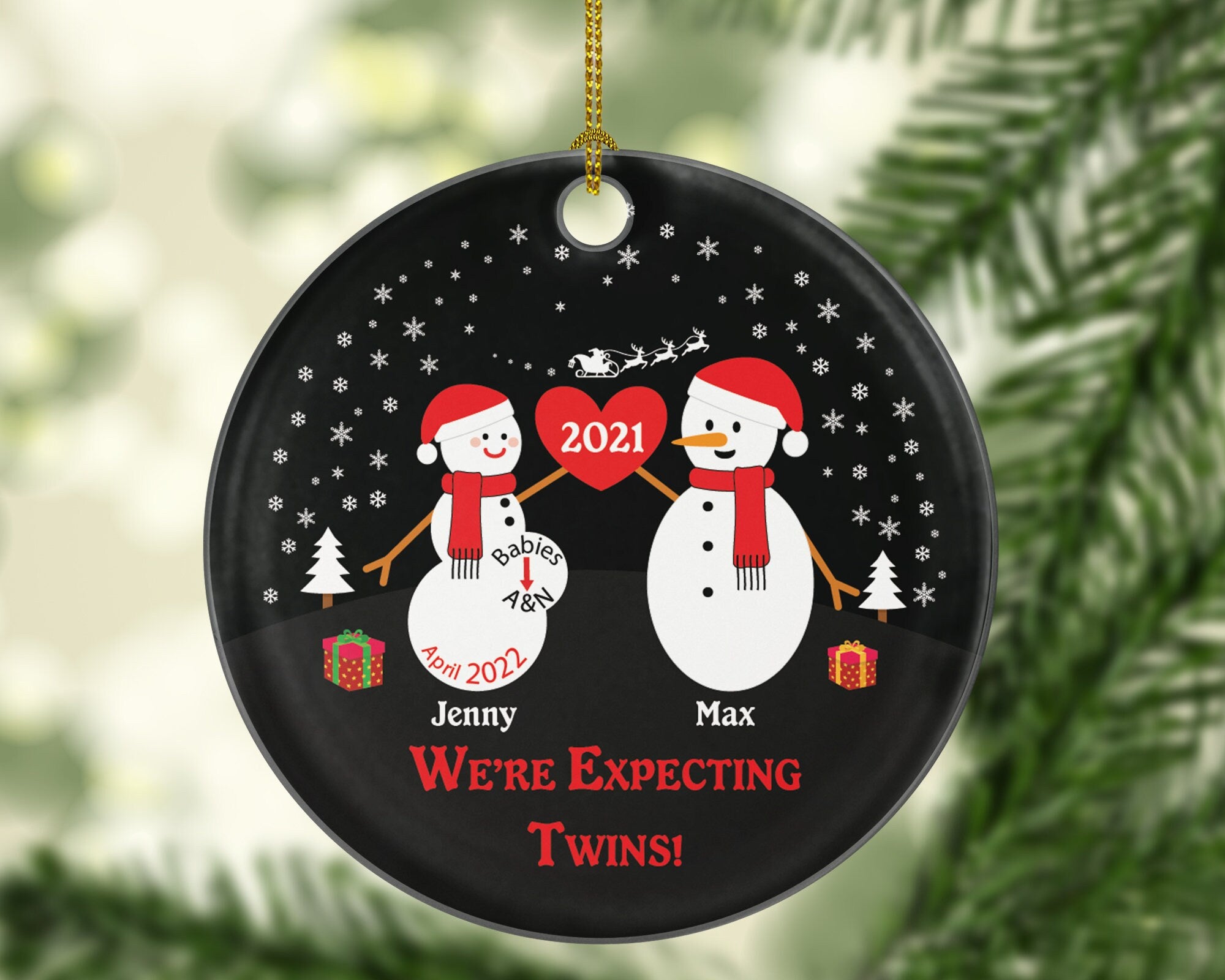 Expecting Twins Personalized Christmas Ornament - Snowman Couple Expected Parents - Dad to be - Pregnancy announcement - Mom to be of Twins