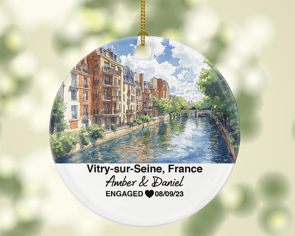 Personalized Vitry-sur-Seine France Christmas Ornament, River Seine, Mr & Mrs Wedding, Engagement, or Honeymoon Keepsake for Couples