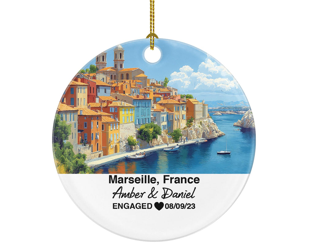 Marseille France Round Ceramic Christmas Ornament – Personalized Holiday Keepsake, Custom Couple Gift for Wedding or Honeymoon