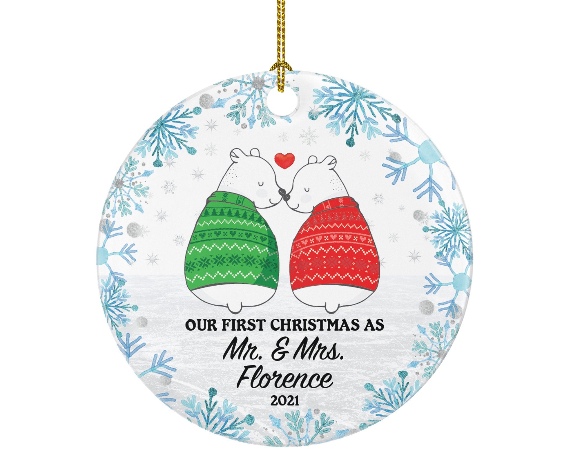 First Christmas as Mr & Mrs Couple Personalized Ornament - Custom Newlywed Mr. and Mrs. Bear Wedding Just Married Arctic Marriage Gift