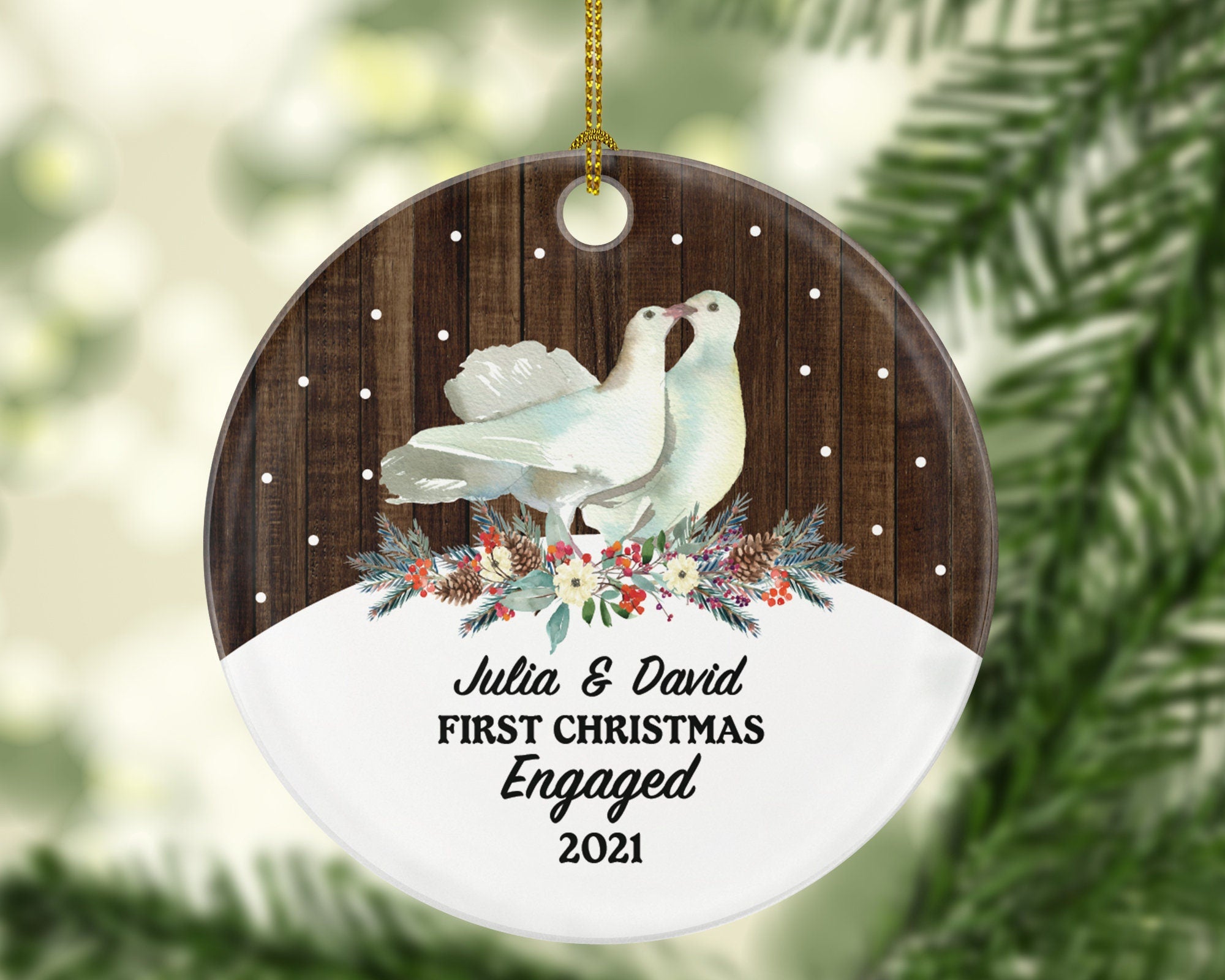 First Christmas Engaged Custom Ornament - Personalized Engagement Announcement Birds Couple Gift - Custom Date Name - Future Husband Wife