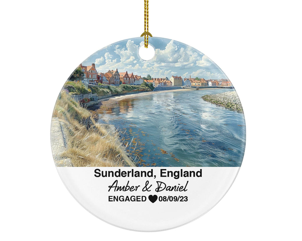 Sunderland England Round Ceramic Christmas Ornament – Personalized United Kingdom Keepsake, Custom Couple Gift for Wedding or Honeymoon