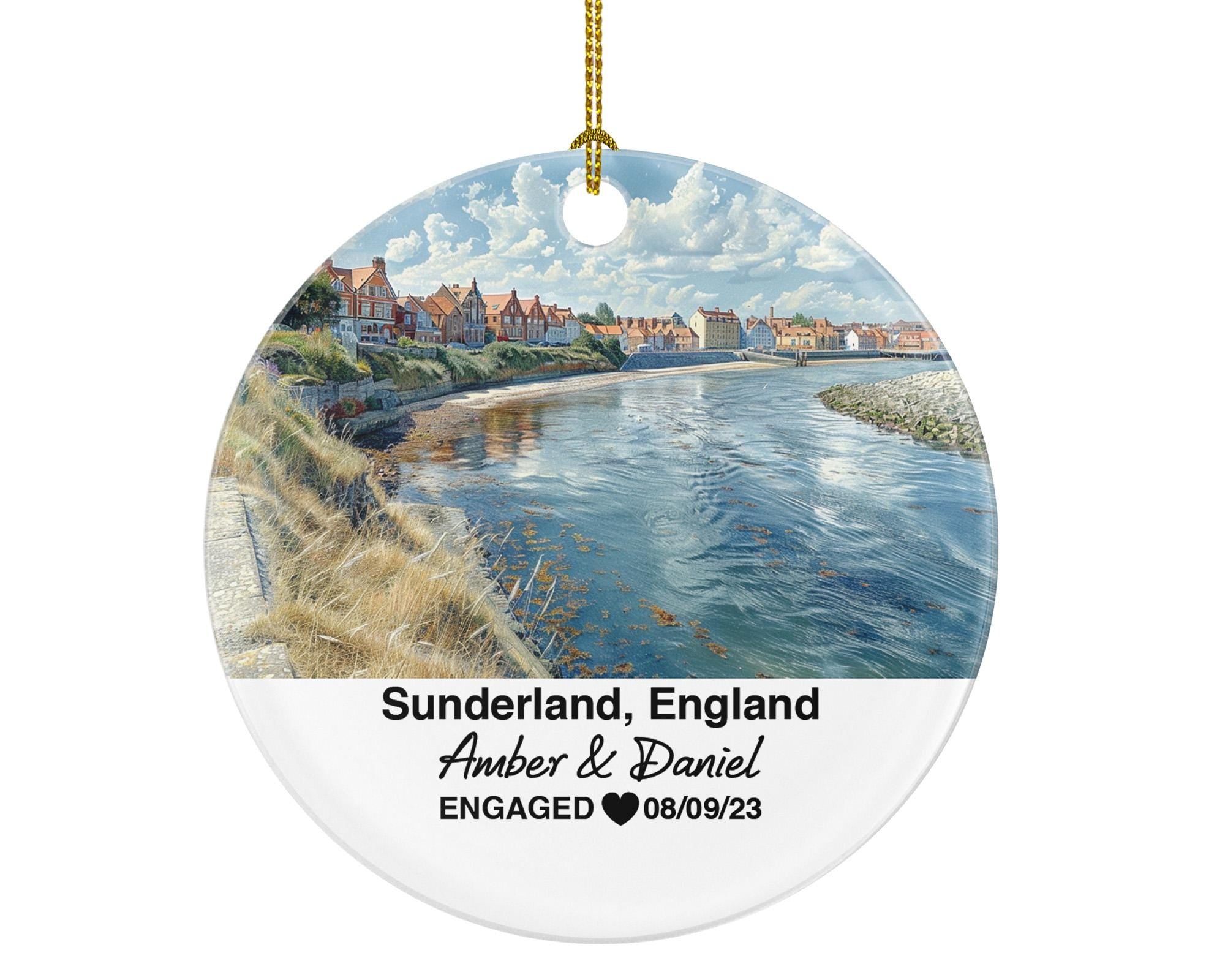 Sunderland England Round Ceramic Christmas Ornament – Personalized United Kingdom Keepsake, Custom Couple Gift for Wedding or Honeymoon