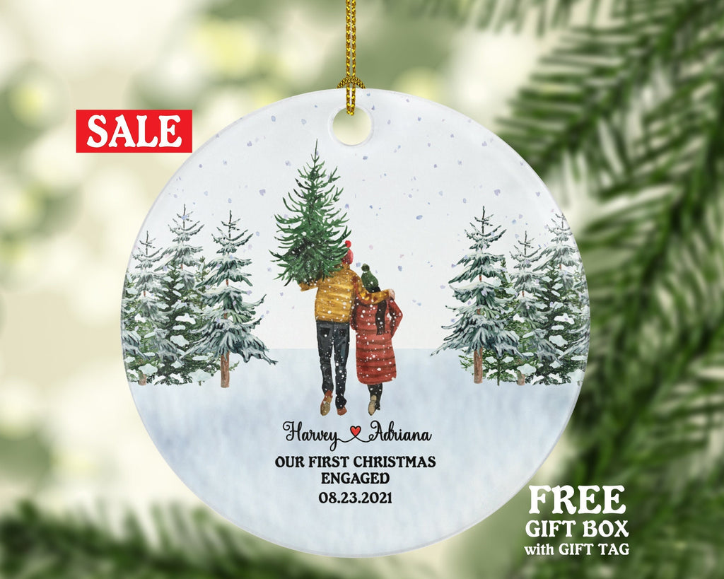 First Christmas Engaged Personalized Ornament - Engagement Announcement Couple Gift - Winter Couple in Snow