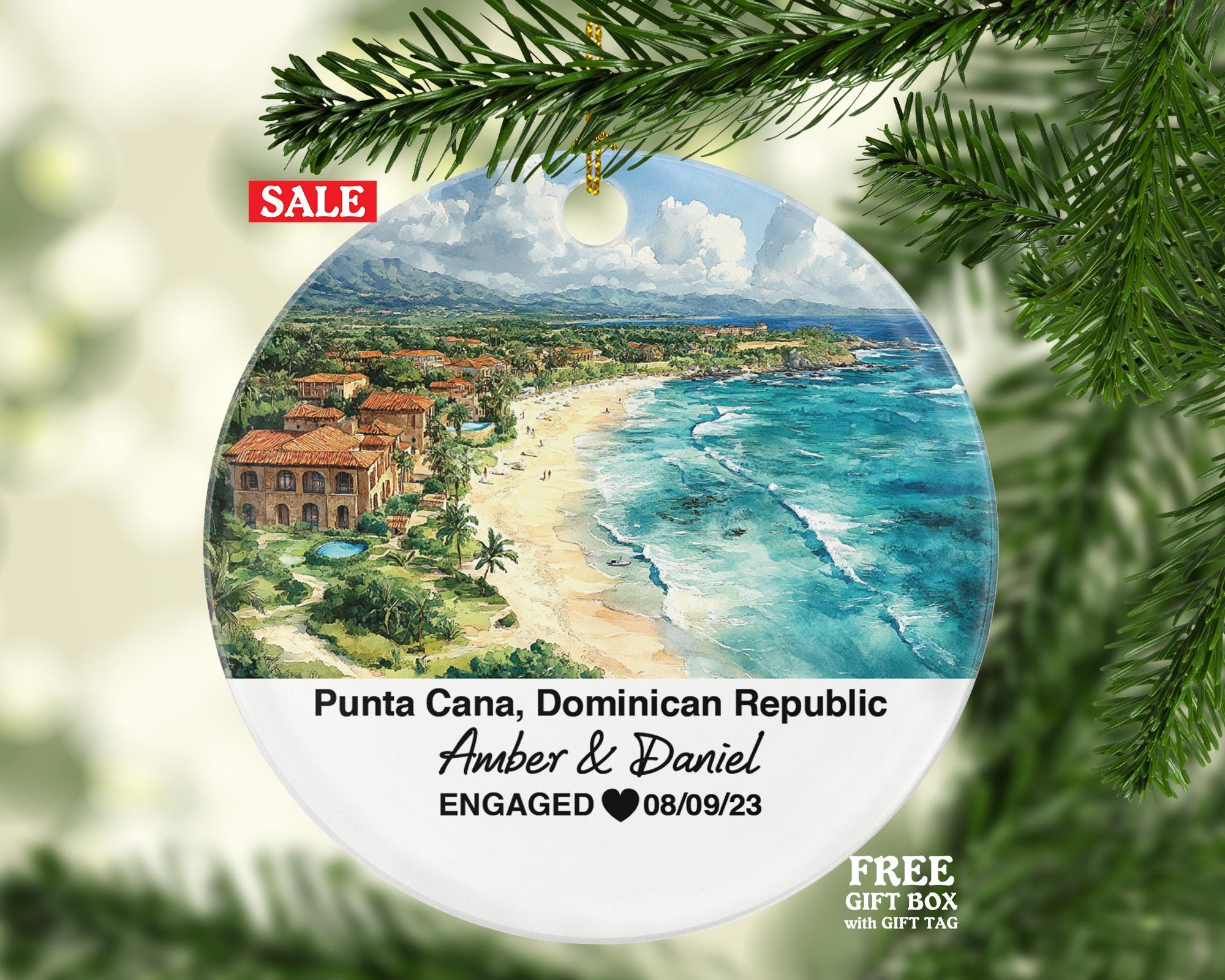 Custom Punta Cana Christmas Ornament, Coconut & Palm Groves, Saona Island, Personalized Couple Gift, Celebrate Wedding, Engagement, Honeymoon