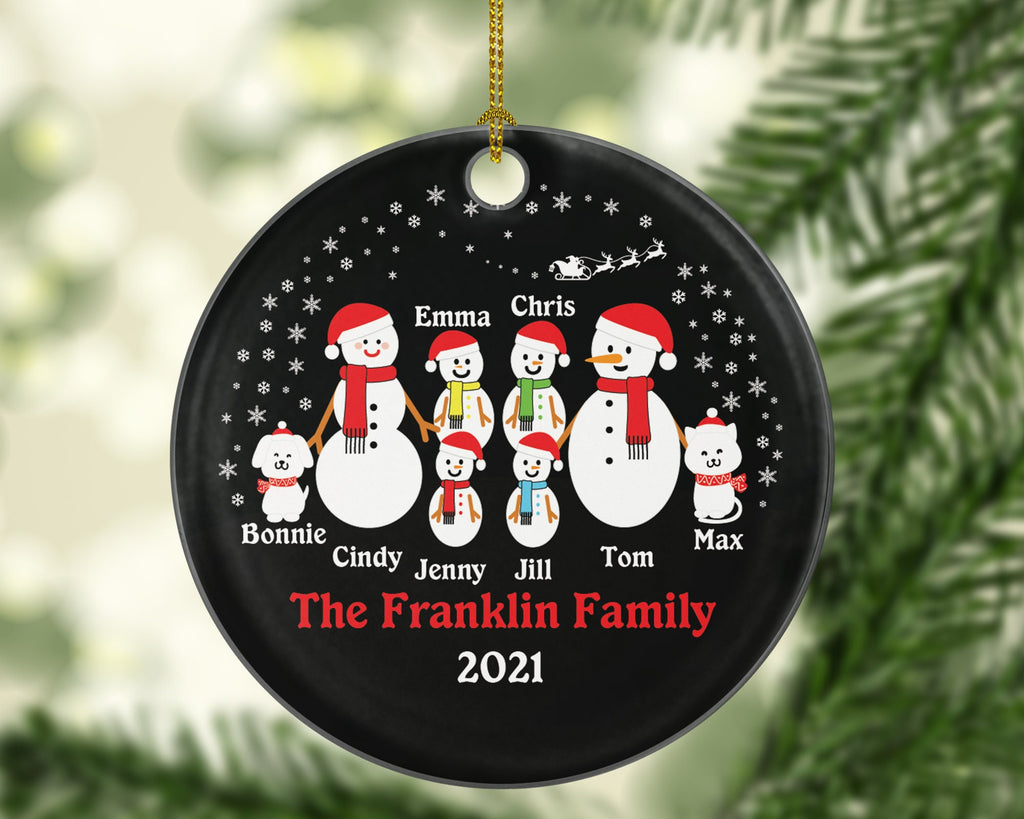 Personalized Family of 6 Christmas Ornaments with Cat Dog Pet, Snowman Family Christmas Ornaments, 6 Snowmen Christmas Ornament, Big Family