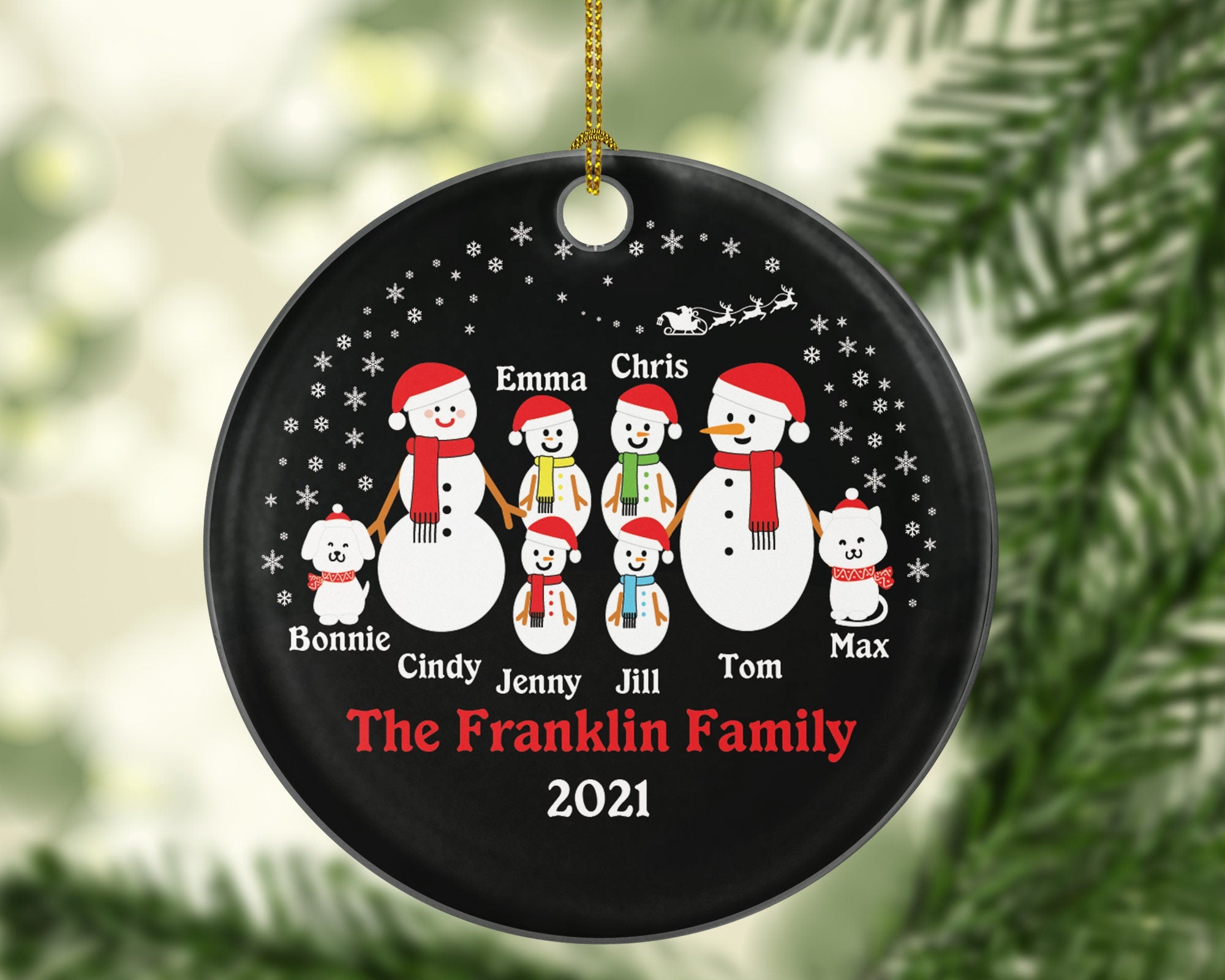 Personalized Family of 6 Christmas Ornaments with Cat Dog Pet, Snowman Family Christmas Ornaments, 6 Snowmen Christmas Ornament, Big Family