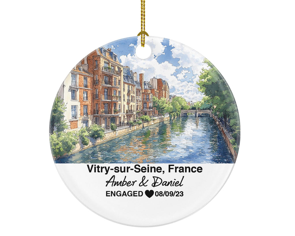 Personalized Vitry-sur-Seine France Christmas Ornament, River Seine, Mr & Mrs Wedding, Engagement, or Honeymoon Keepsake for Couples