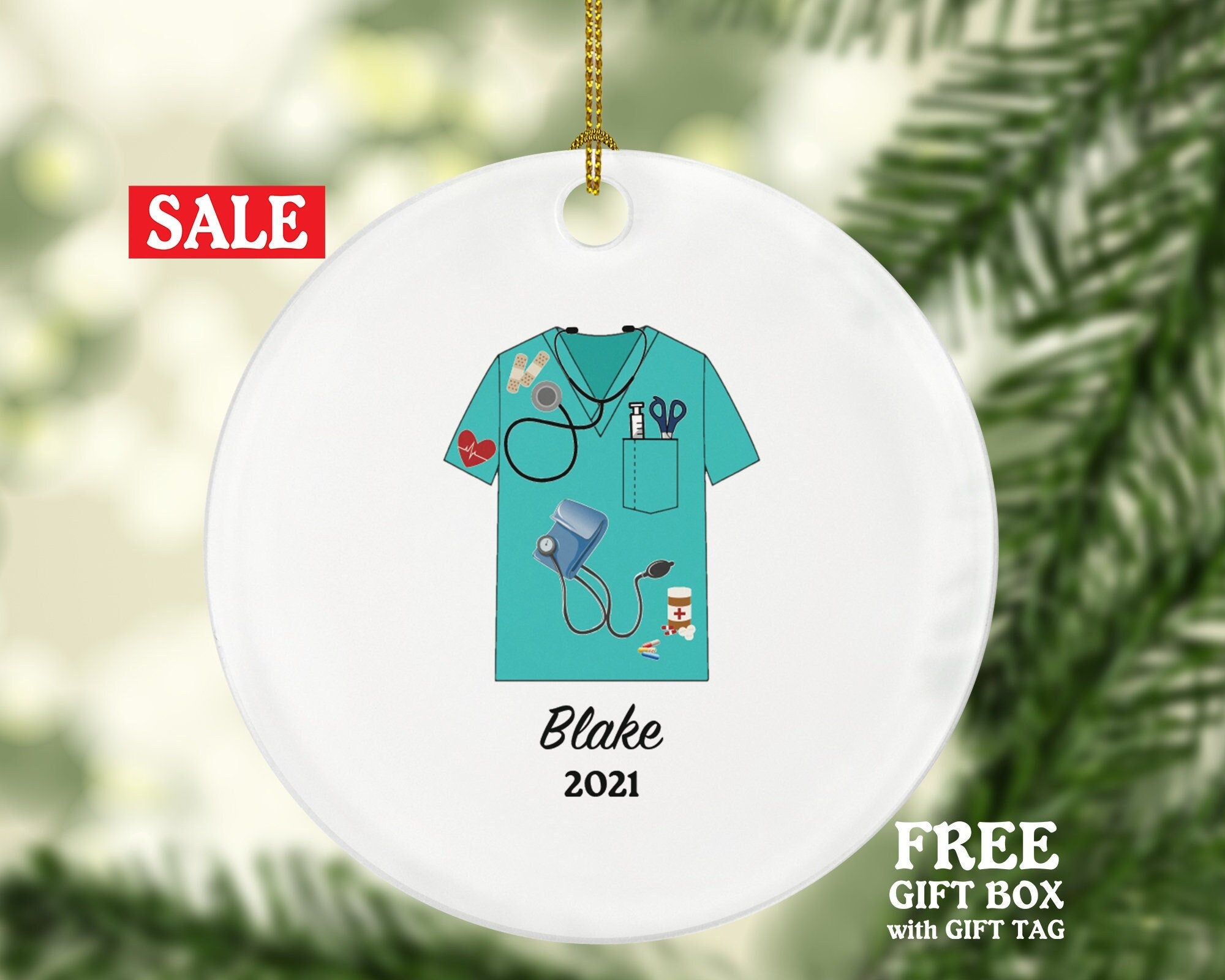 Medical Doctor Scrub Christmas Ornament Personalized - Health Worker Gift for Nurse Physician Physical Therapist Practitioner MD RN