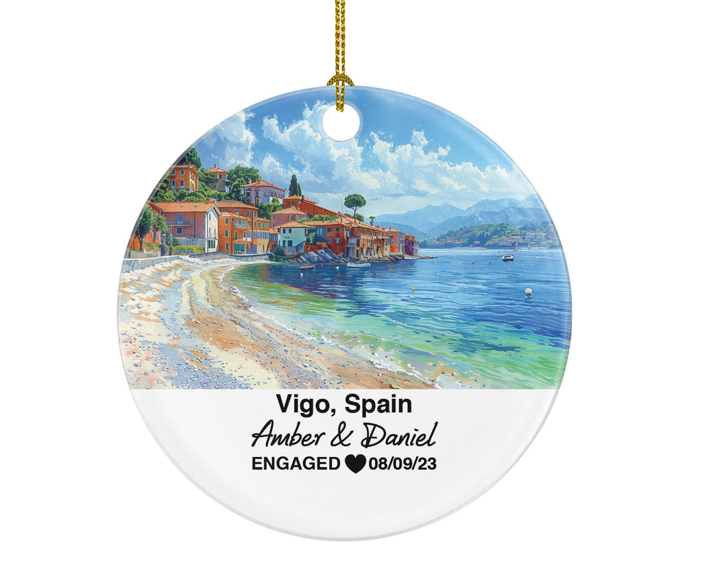 Vigo Spain Round Ceramic Christmas Ornament – Personalized Holiday Keepsake, Custom Couple Gift for Wedding or Honeymoon