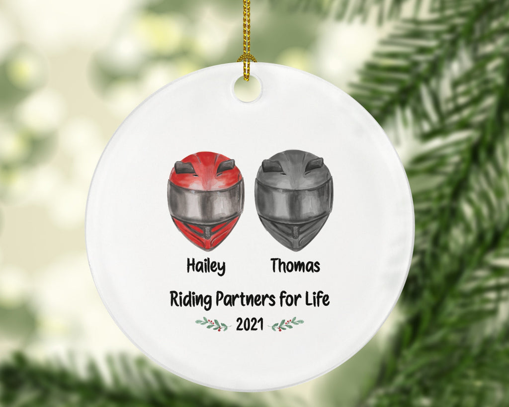 Motorcycle Dirt Bike Rider Helmet Christmas Ornament for a Couple - Custom Gift for Bikers Racer Motocross Racing Personalized