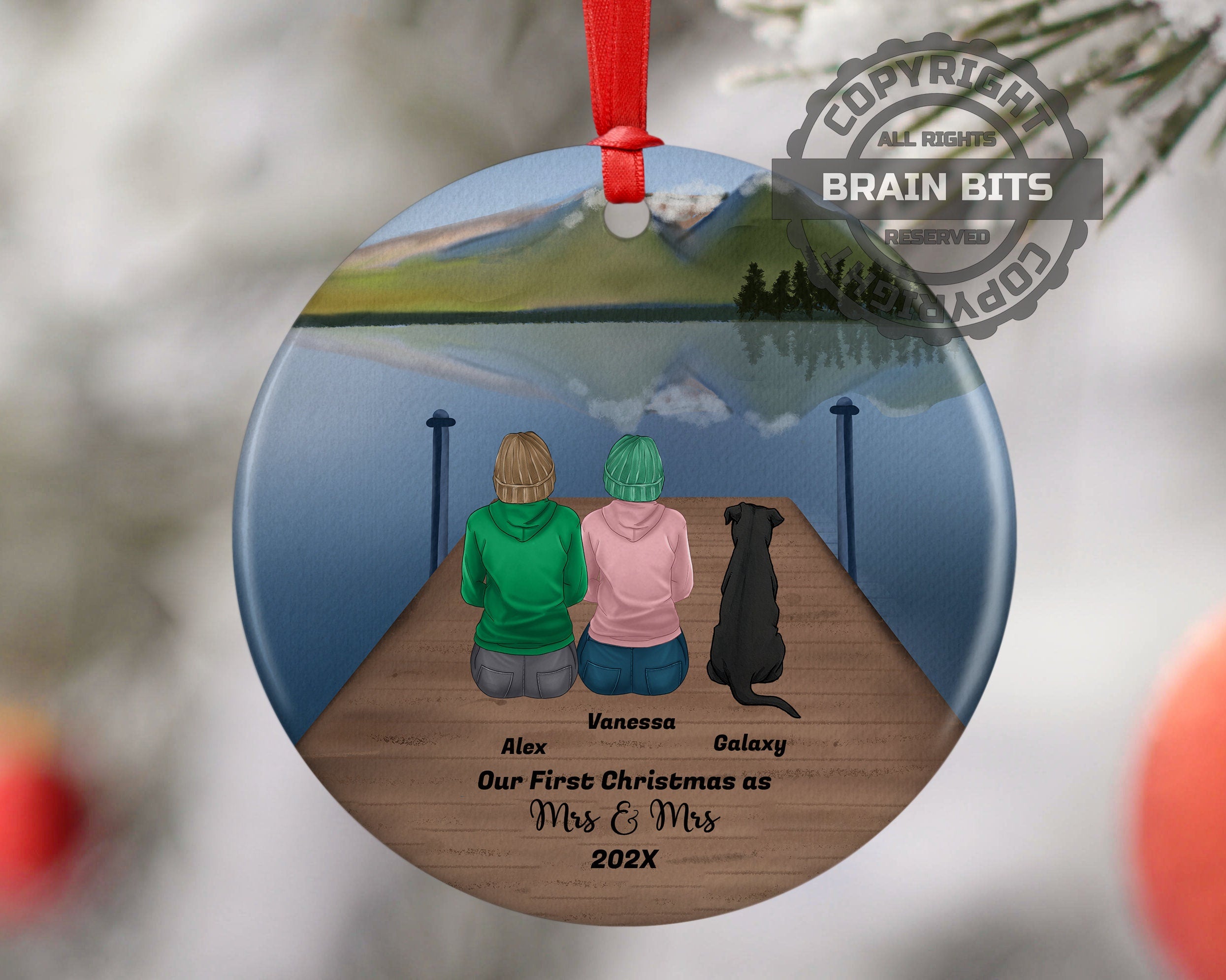 Personalized Mrs&Mrs Lesbian Couple Christmas Ornament Pet Custom Ceramic Keepsake Couples Dog Cat Owners Married Holiday Gift Lake Scene