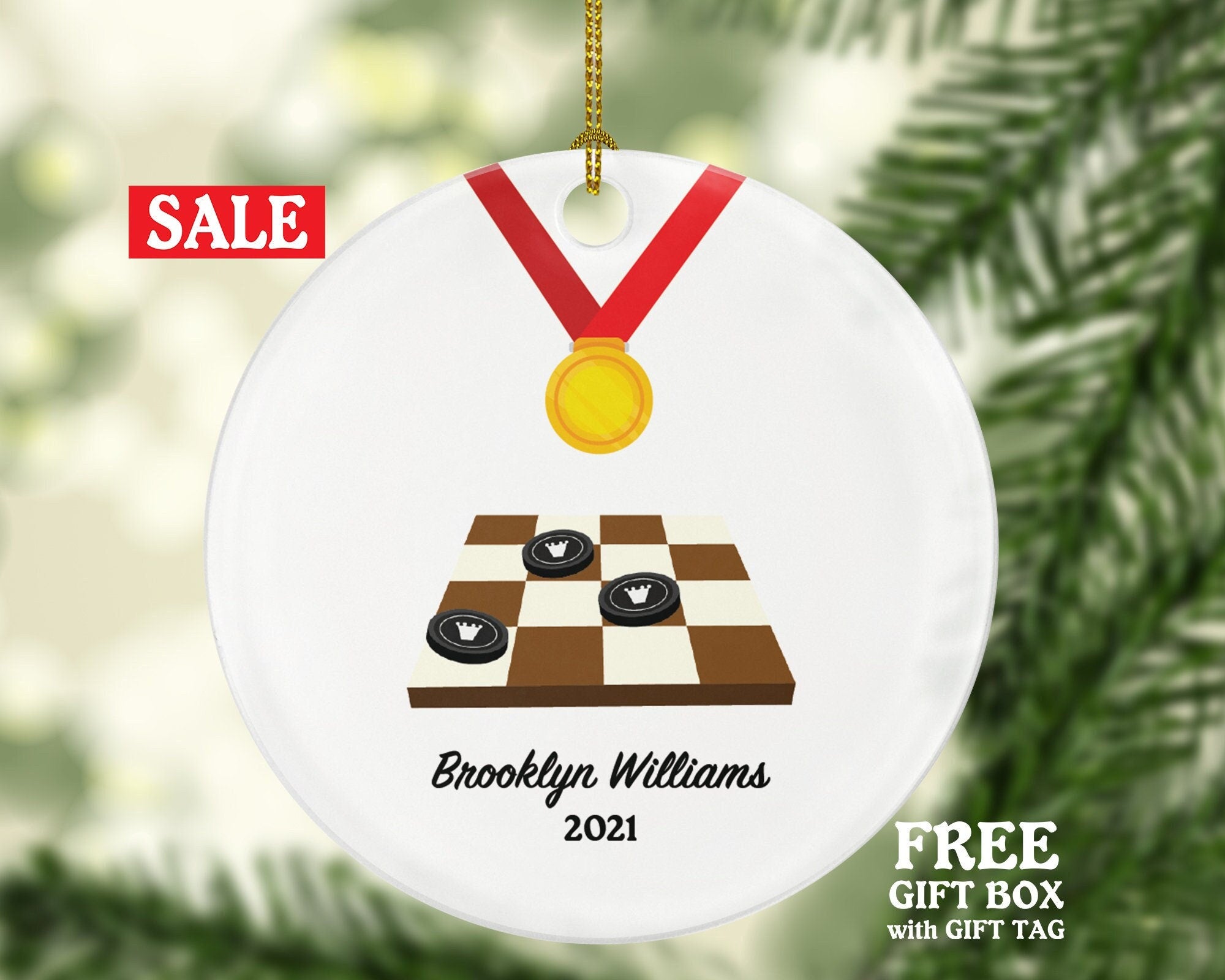 Checkers Player Christmas Custom Ornament, Enthusiast, Board Games Personalized