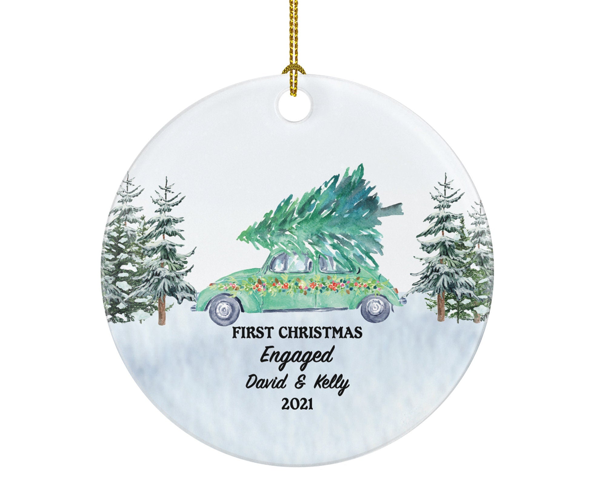 First Christmas Engaged Green Car Ornament - Couple Personalized Engagement Gift Custom Names & Year Just Newly Engaged Vintage