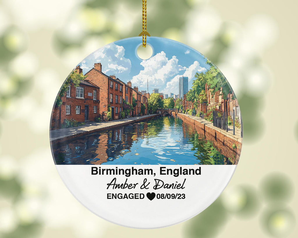 Birmingham England Round Ceramic Christmas Ornament – Personalized Victoria Square Keepsake, Custom Couple Gift for Wedding or Honeymoon