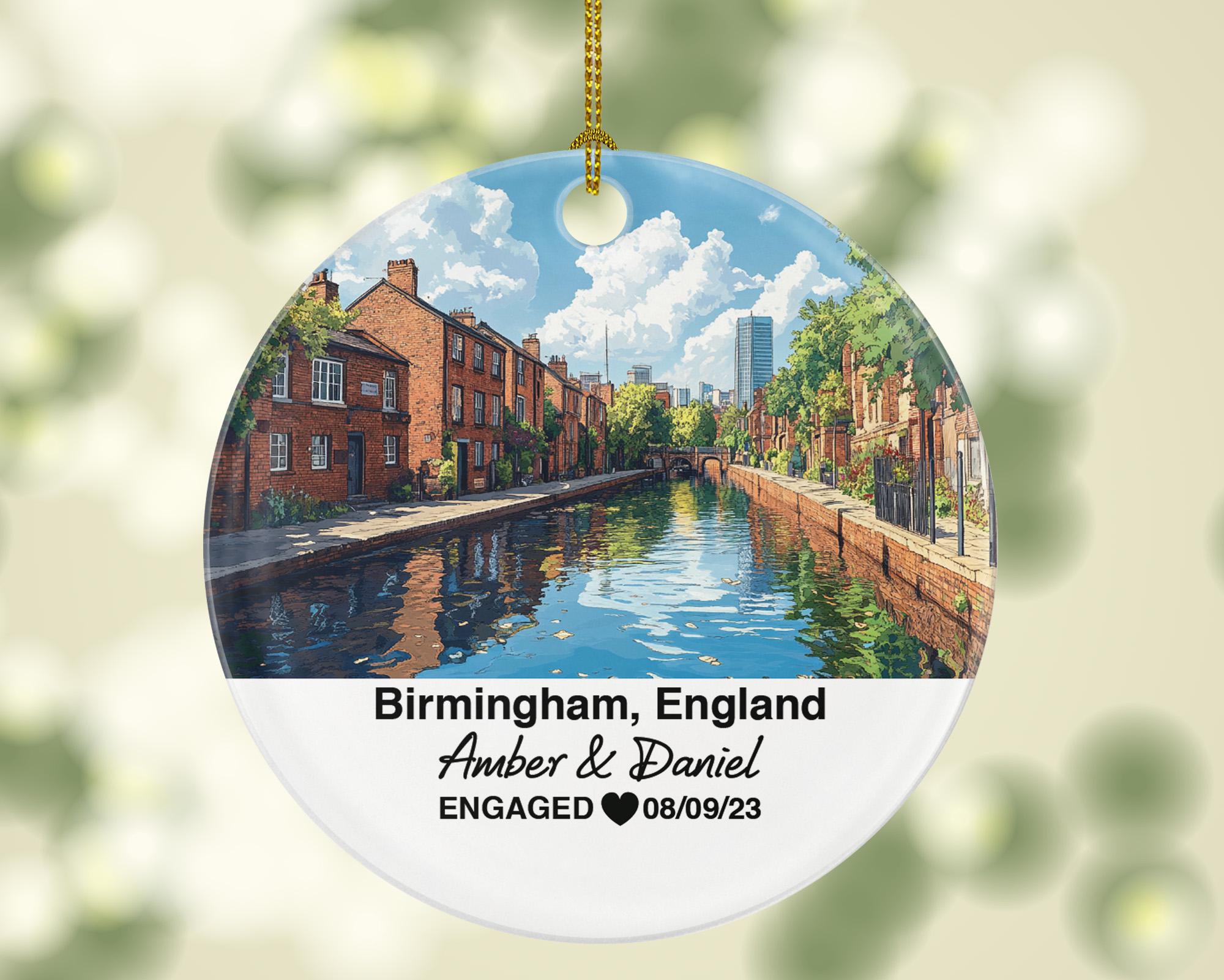 Birmingham England Round Ceramic Christmas Ornament – Personalized Victoria Square Keepsake, Custom Couple Gift for Wedding or Honeymoon