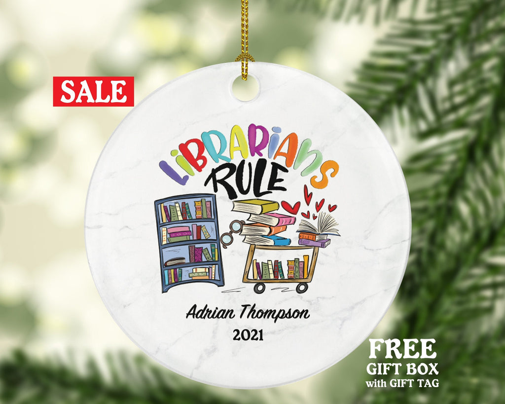 Librarian Christmas Ornament Personalized, Library Worker Bookworm Gift Custom Name