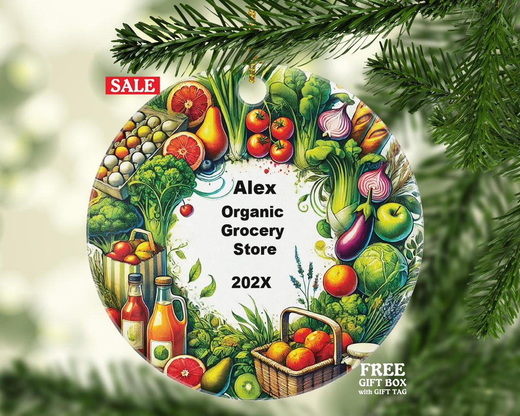 Personalized Organic Grocery Store Ornament – Custom Shop Owner Gift – Farmer’s Market and Healthy Food Ornament with Name and Year