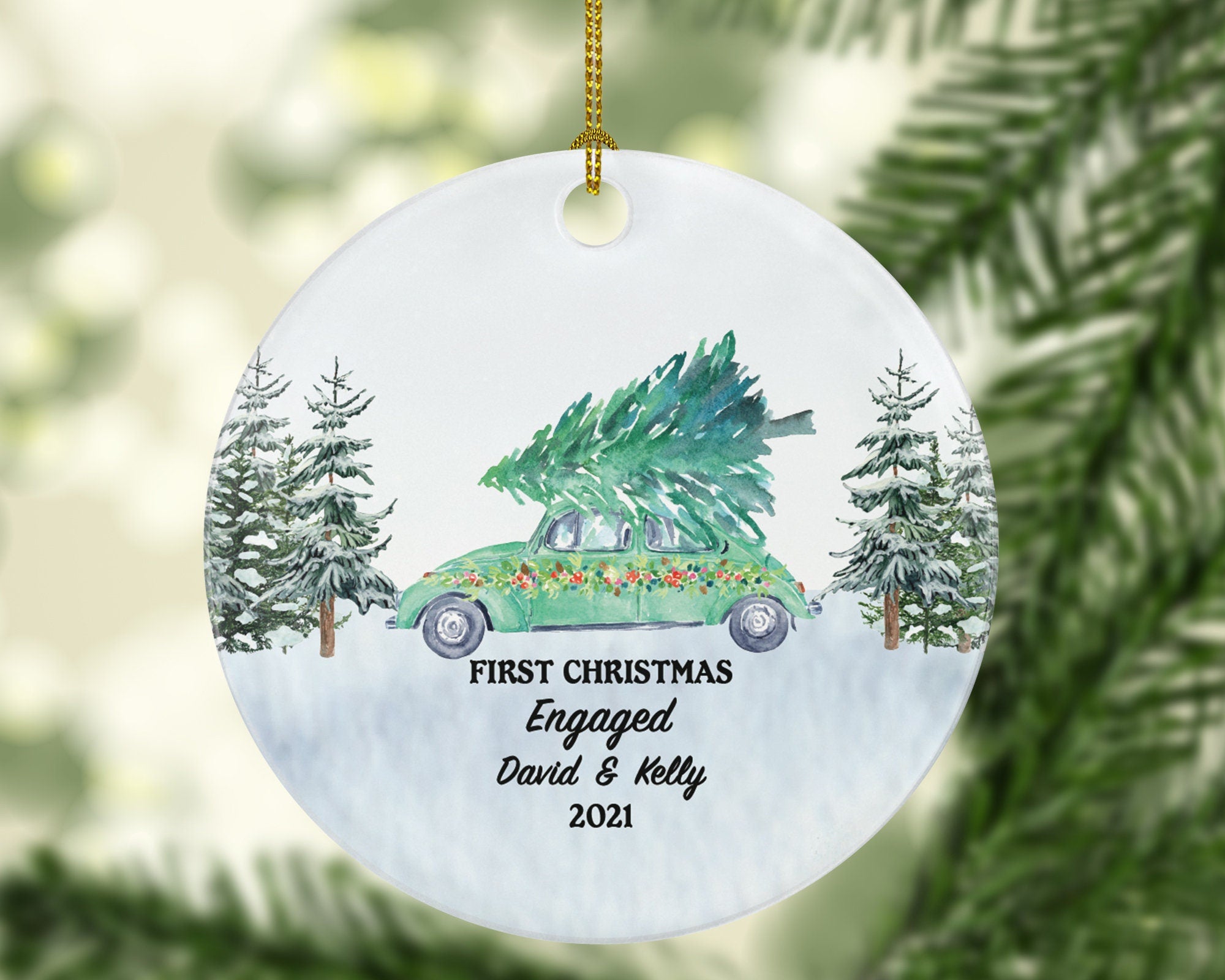 First Christmas Engaged Green Car Ornament - Couple Personalized Engagement Gift Custom Names & Year Just Newly Engaged Vintage