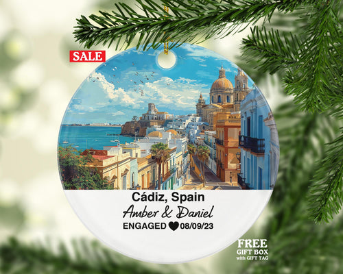 Cádiz Spain Round Ceramic Christmas Ornament – Personalized Holiday Keepsake, Custom Couple Gift for Wedding or Honeymoon