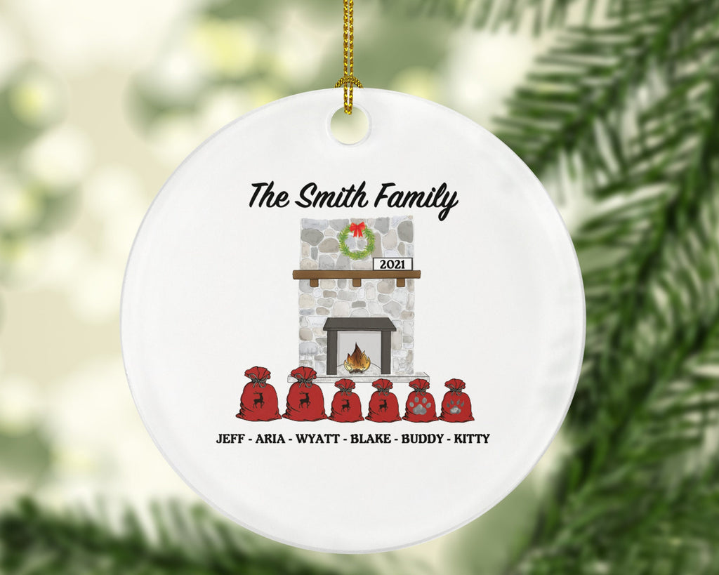 Family Personalized Christmas Ornament - Holiday Gift Custom Names Family of 2 3 4 5 6 - Pet Cat Dog Family - Fireplace Santa Sacks