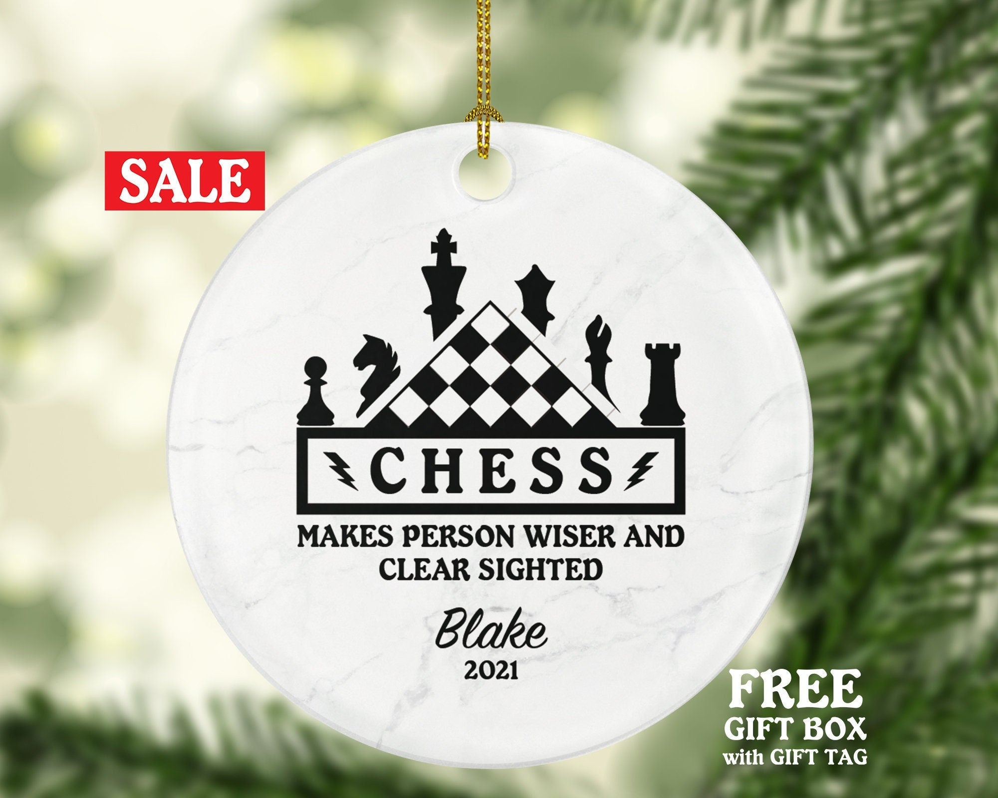 Chess Player Christmas Ornament Personalized, Chess Club Ornament, Chessboard, Gambit, Pawn, Chess Ornament with Quote