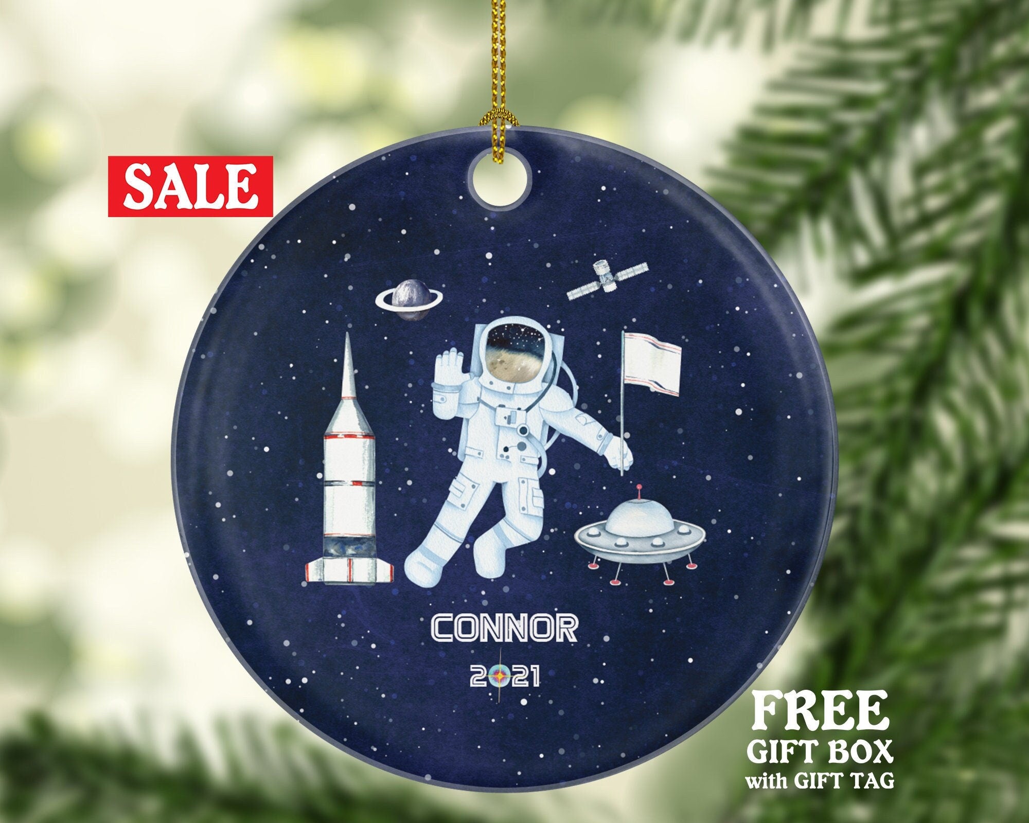 Astronaut in Space Christmas Ornament Personalized, Spaceship Themed Pilot Astronaut Custom Gift with Name