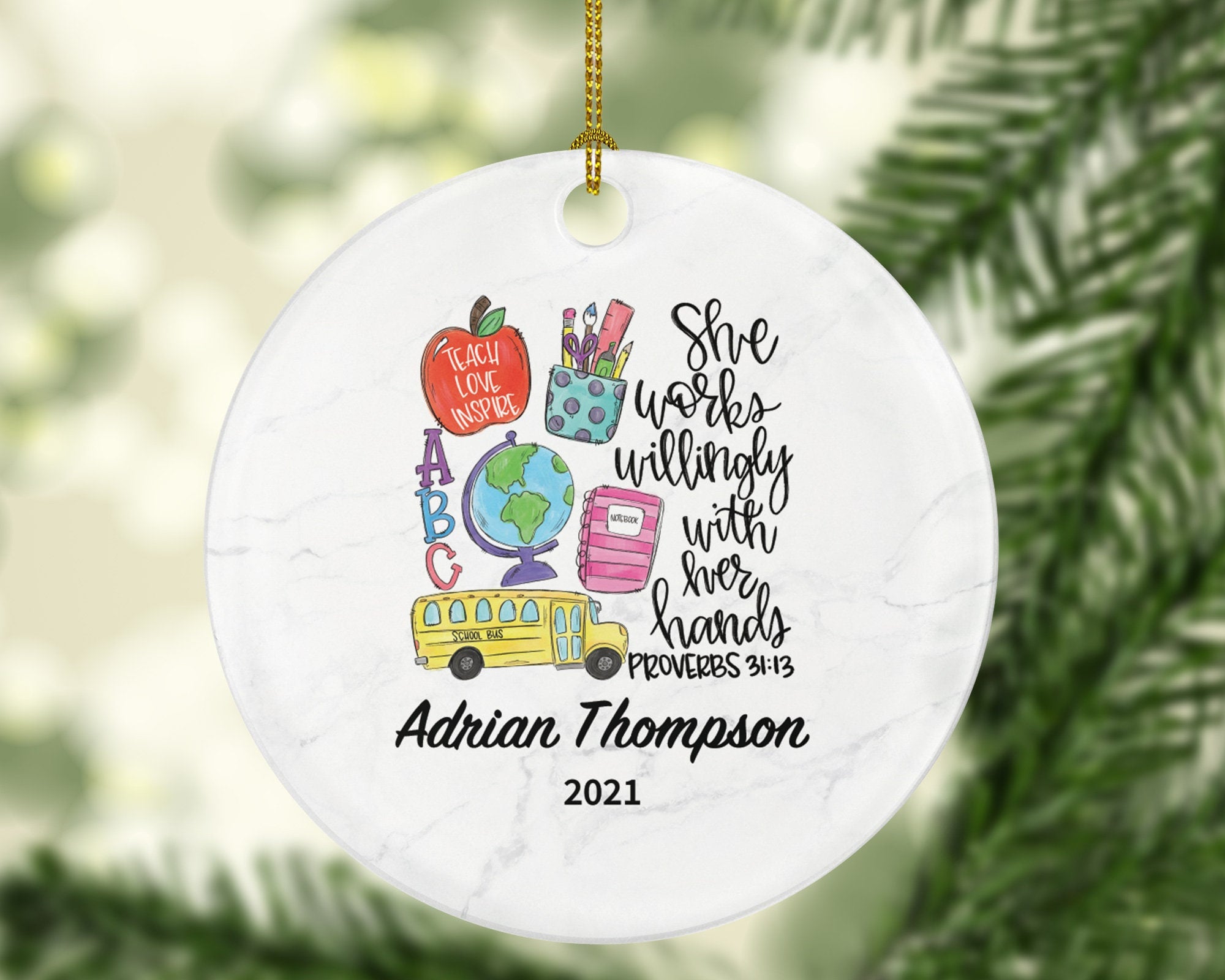 Teacher Ornament Personalized - Teach Love Inspire Teacher Custom Gift Apple from Student Appreciation Mr Mrs School Graduate Graduation