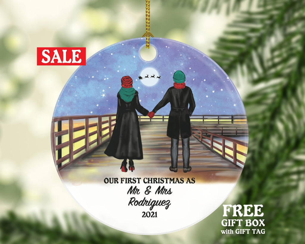 Newlywed Mr. and Mrs. Our First Christmas as Mr & Mrs Couple Personalized Ornament - Wedding Just Married Marriage Gift