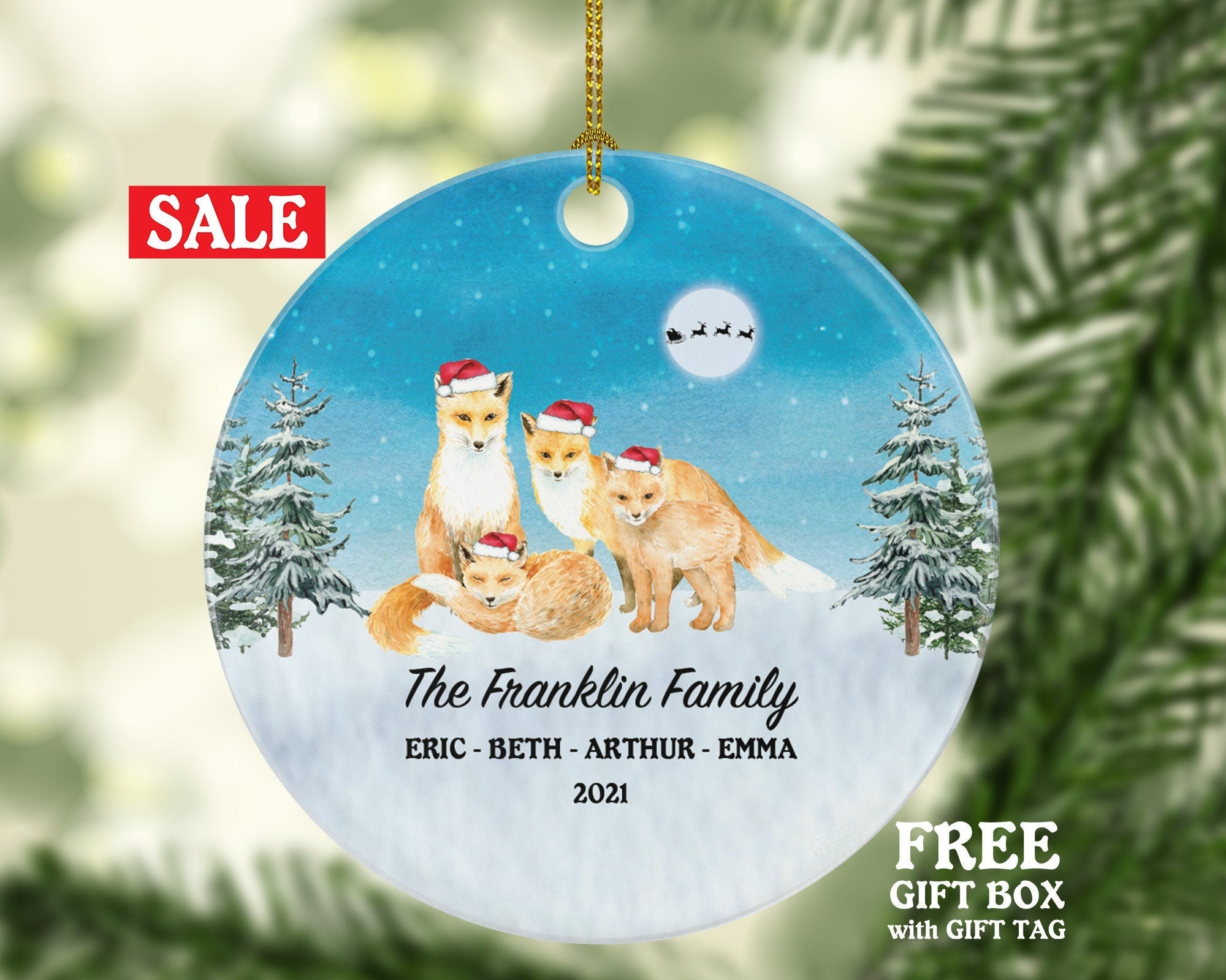 Personalized Family of 4 Christmas Ornaments Fox Foxes Family Custom Names Watercolor Family of Four First Ornament Gift for with Kids Xmas