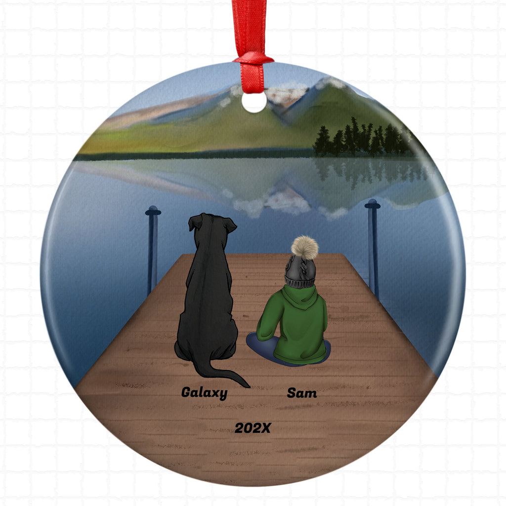Personalized Boy Son Kid Child Grandchild Grandson Pet Christmas Ornament Custom Ceramic Keepsake Dog Cat Owners Holiday Gift Lake Scene