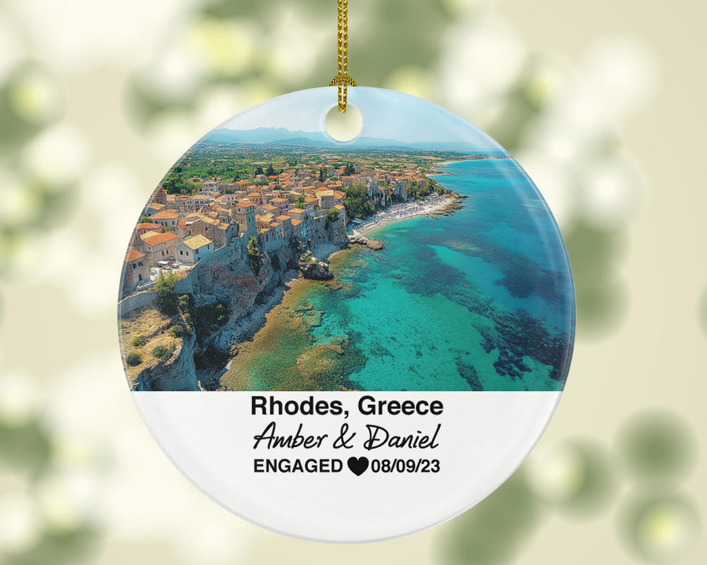 Rhodes Greece Round Ceramic Christmas Ornament – Personalized Aegean Sea View Keepsake, Custom Couple Gift for Wedding or Honeymoon