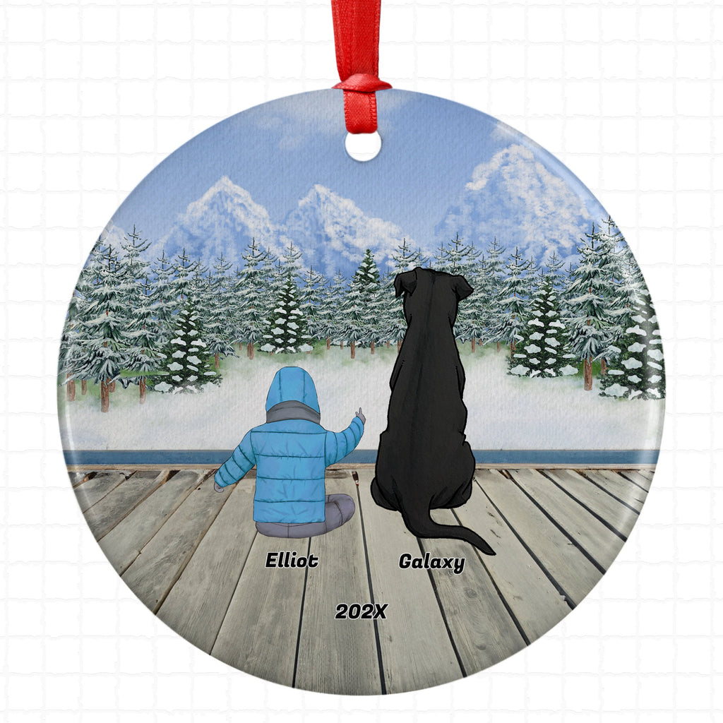 Personalized Baby Boy Son Kid Child Grandchild Grandson Pet Christmas Ornament Custom Ceramic Dog Cat Owners Holiday Gift Winter Scene