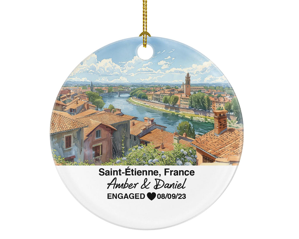 Personalized Saint-Etienne France Christmas Ornament, Historic Architecture, Mr & Mrs Wedding, Engagement, or Honeymoon Keepsake for Couples
