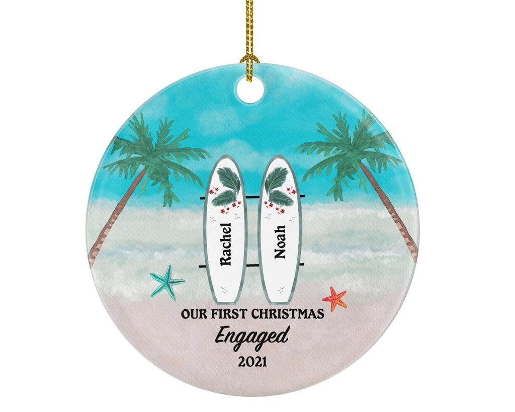 Surfboards Engaged Couple Engagement First Christmas Ornament - Personalized Newly Just Gift for Surf Board Beach Sand Palm She Said Yes