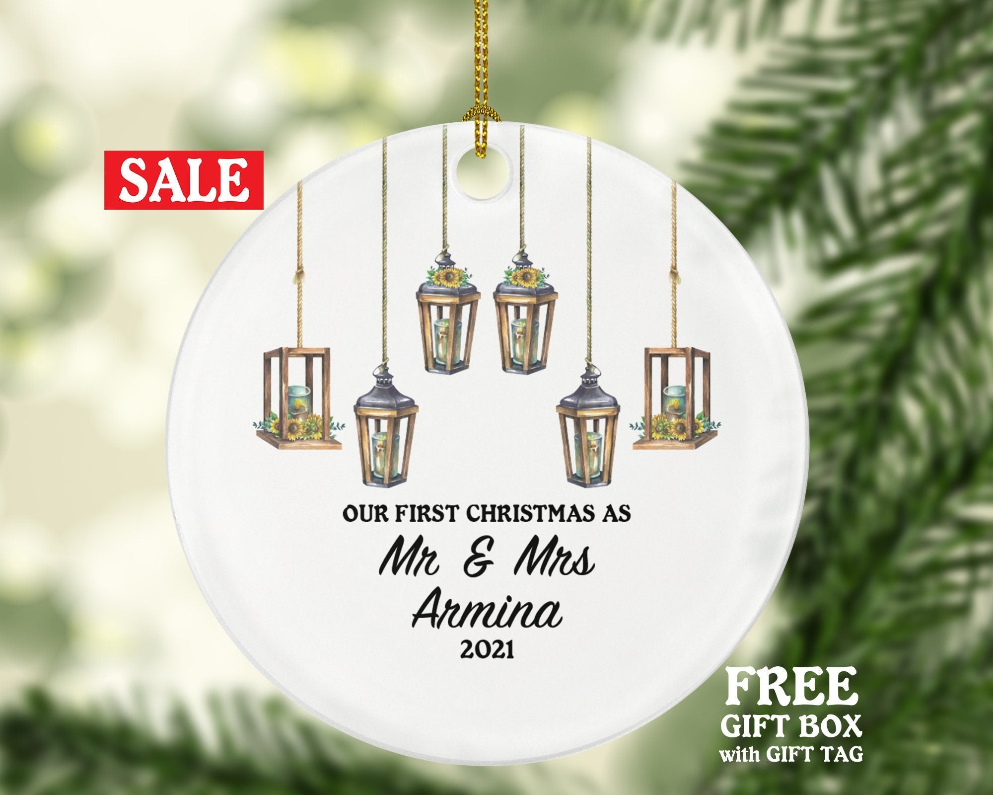 Our First Christmas as Mr & Mrs Couple Personalized Ornament - Newlywed Mr. and Mrs. Rustic Lights Wedding Couple Just Married Marriage Gift