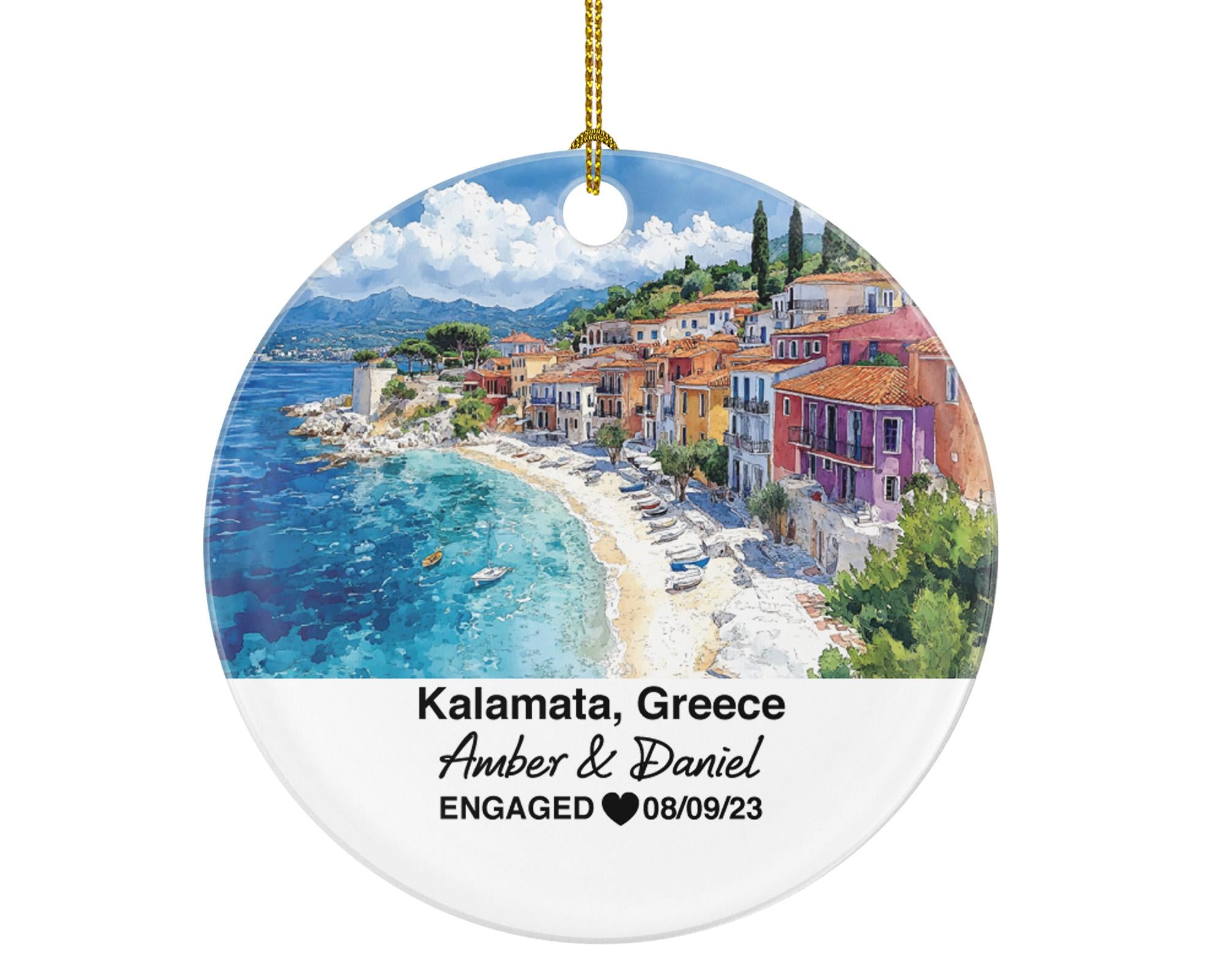 Kalamata Greece Round Ceramic Christmas Ornament – Personalized Holiday Keepsake, Custom Couple Gift for Wedding or Honeymoon