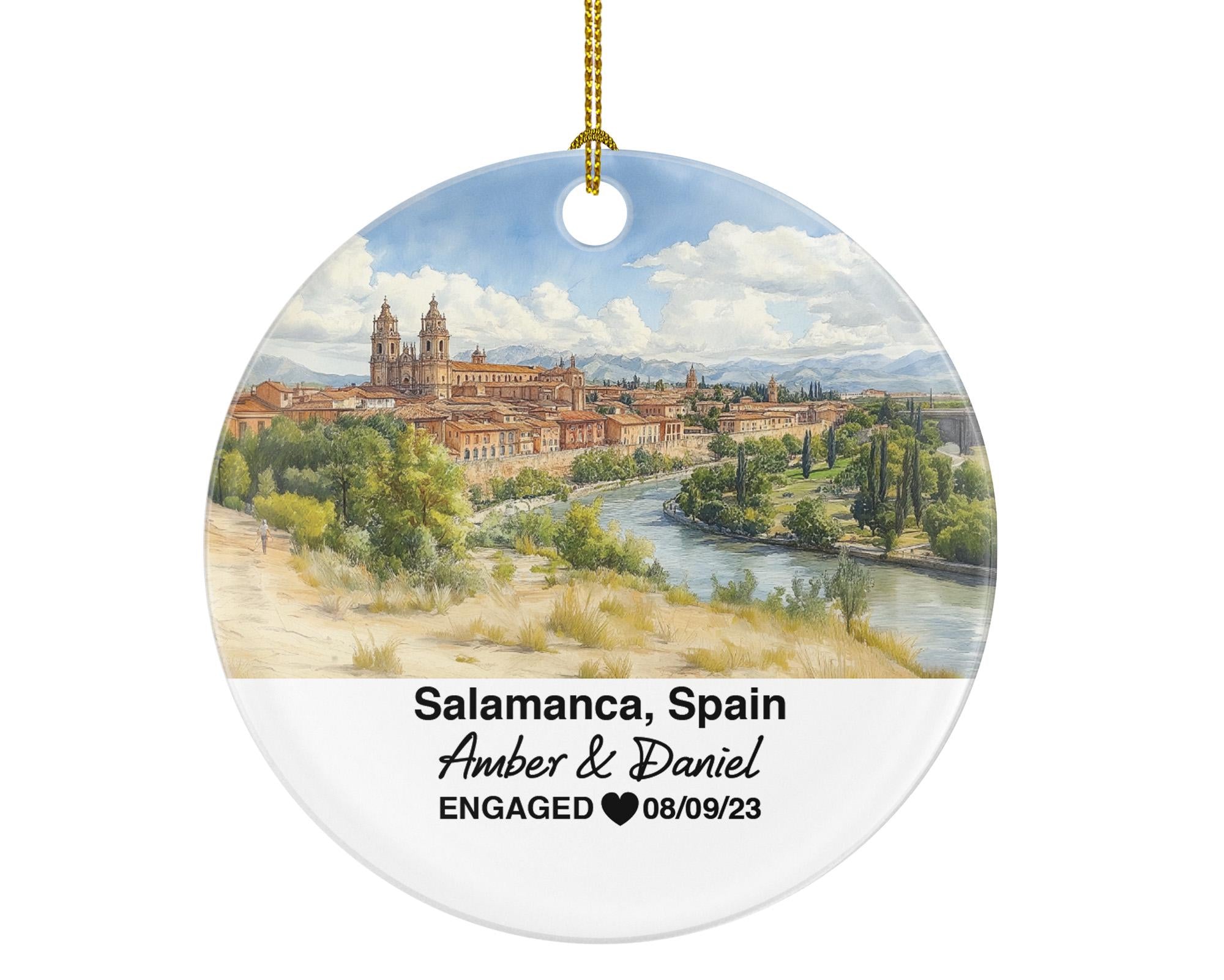 Salamanca Spain Round Ceramic Christmas Ornament – Personalized Holiday Keepsake, Custom Couple Gift for Wedding or Honeymoon