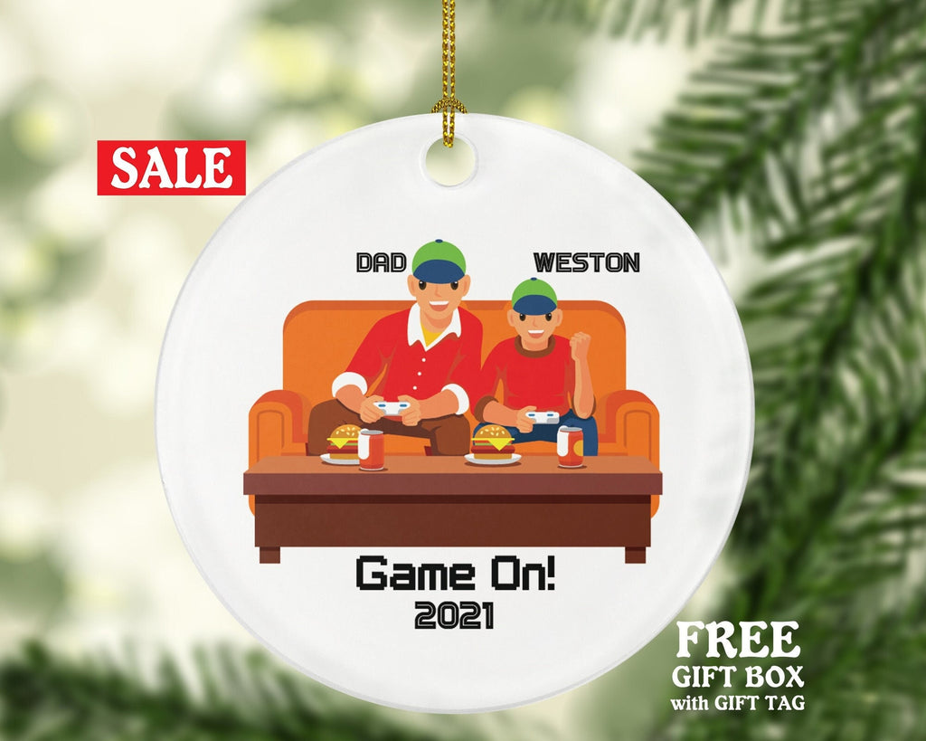 Personalized Playing Video Game Player Father Son Dad Boy Christmas Ornament for Tree Gamer Boy Controller Addict