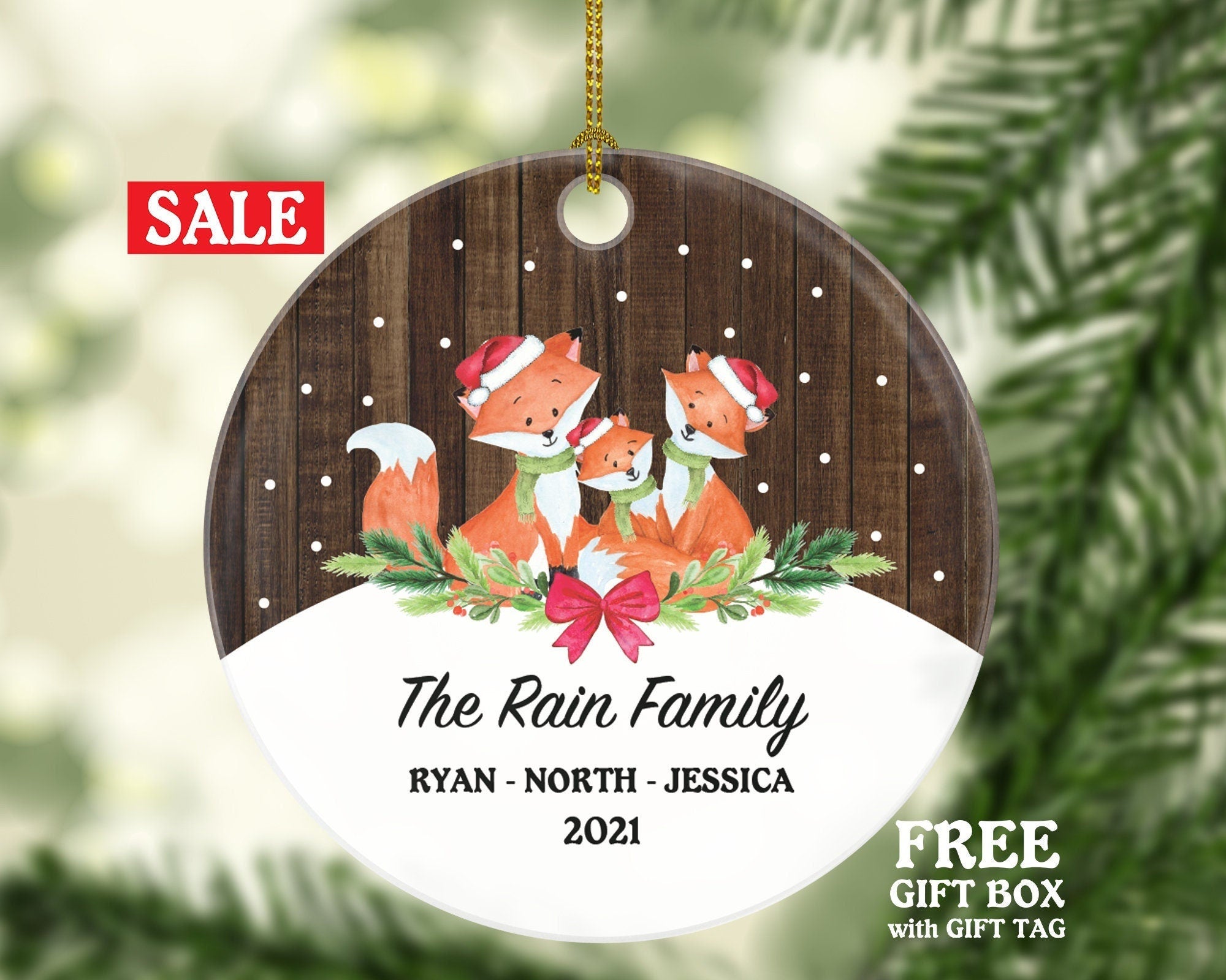 Family of 3 Christmas Ornament Personalized - Custom Names  of Three First Ornament Gift for Fox with Kids Xmas