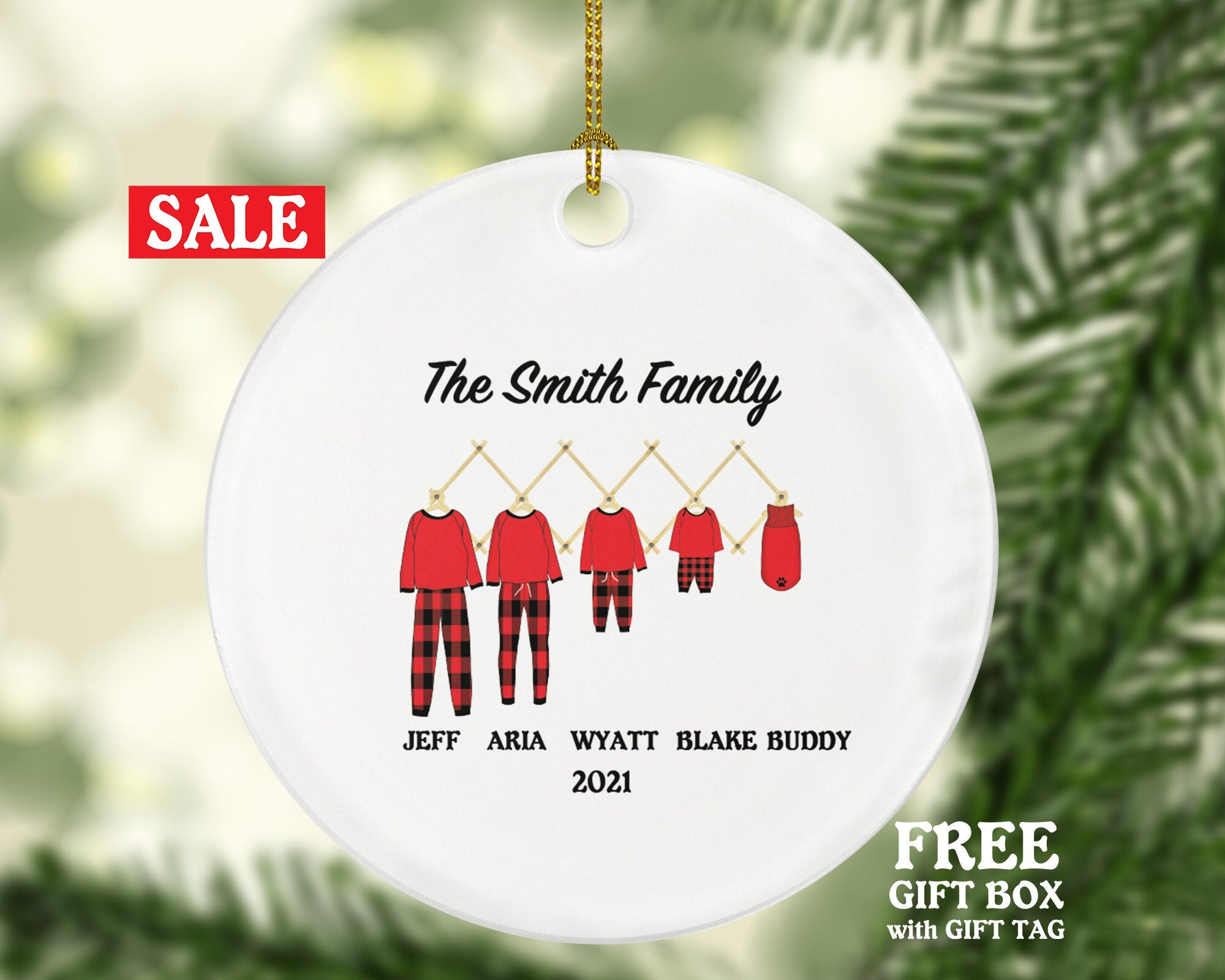 Family Personalized Christmas Ornament - Holiday Pajamas Gift Custom Names Family of 2 3 4 5 - Pet Dog Family