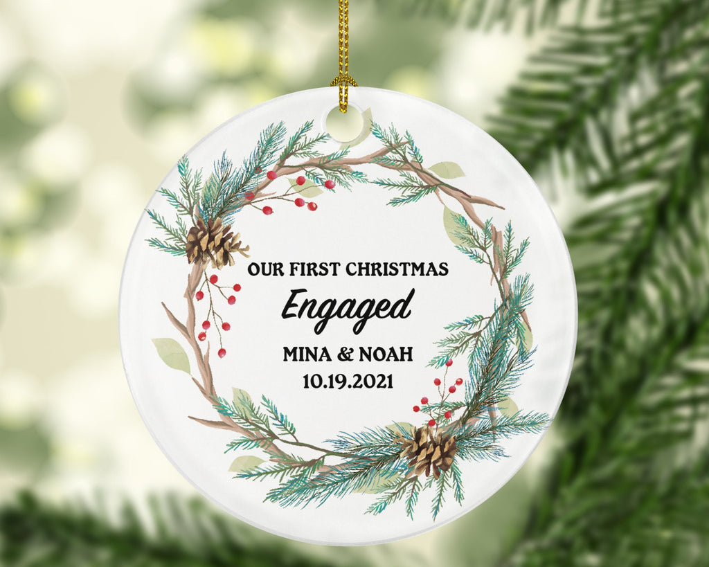 First Christmas Engaged Personalized Ornament - Engagement Announcement Couple Gift - Custom Rustic Wood Christmas Frame Farmhouse